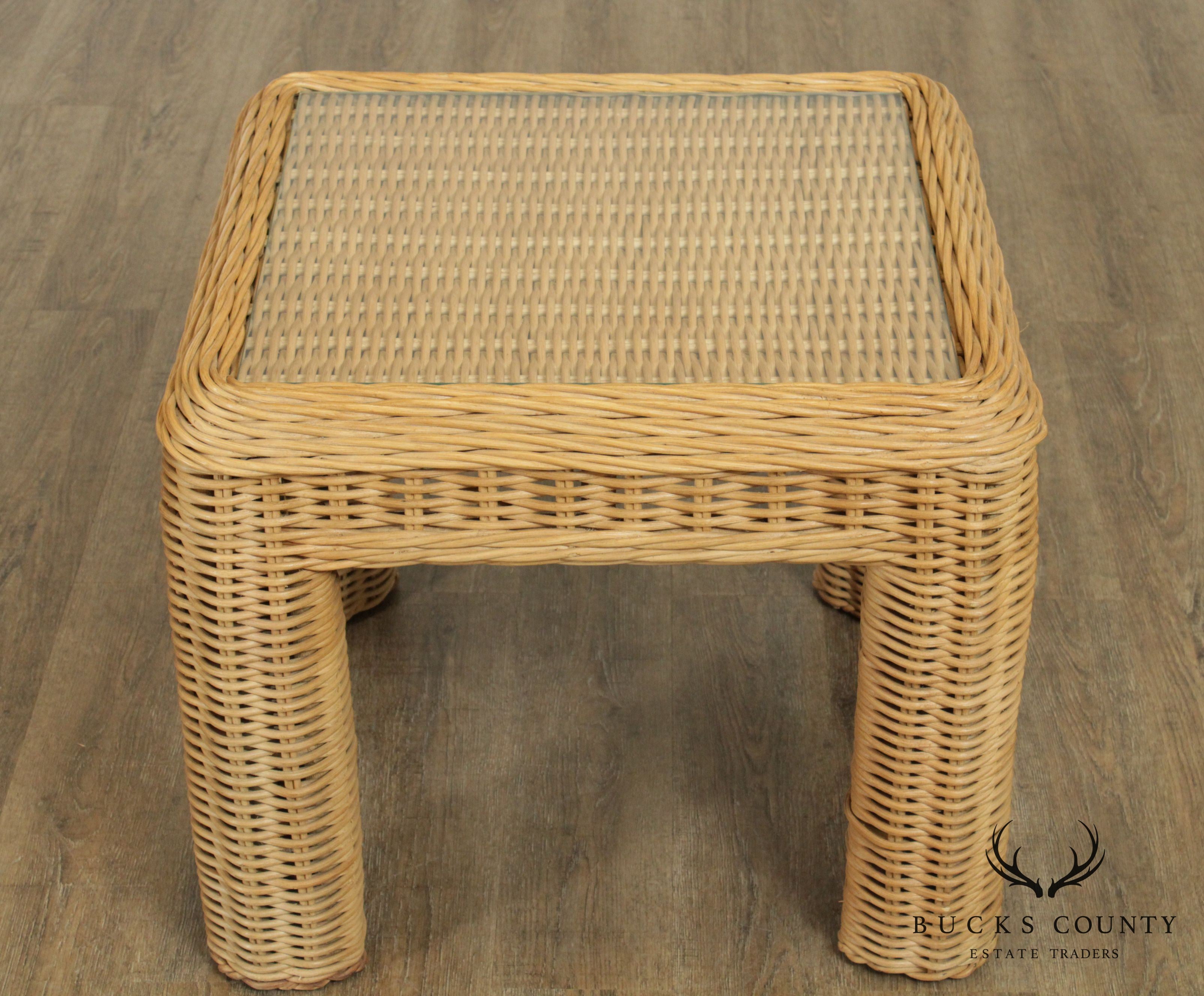 Quality Vintage Pair Square Wicker Side Tables