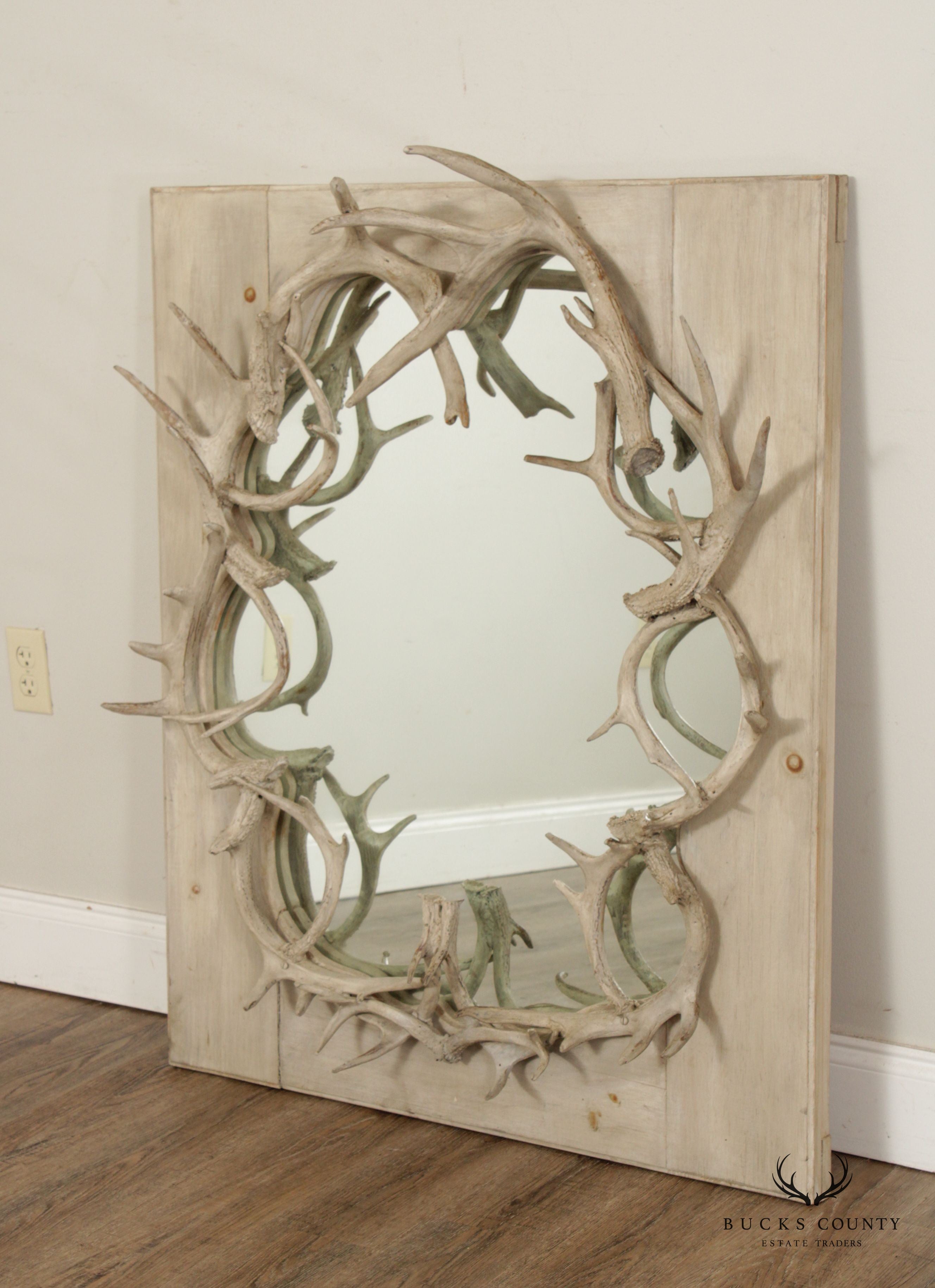 Rustic Painted Pine and Antler Wall Mirror