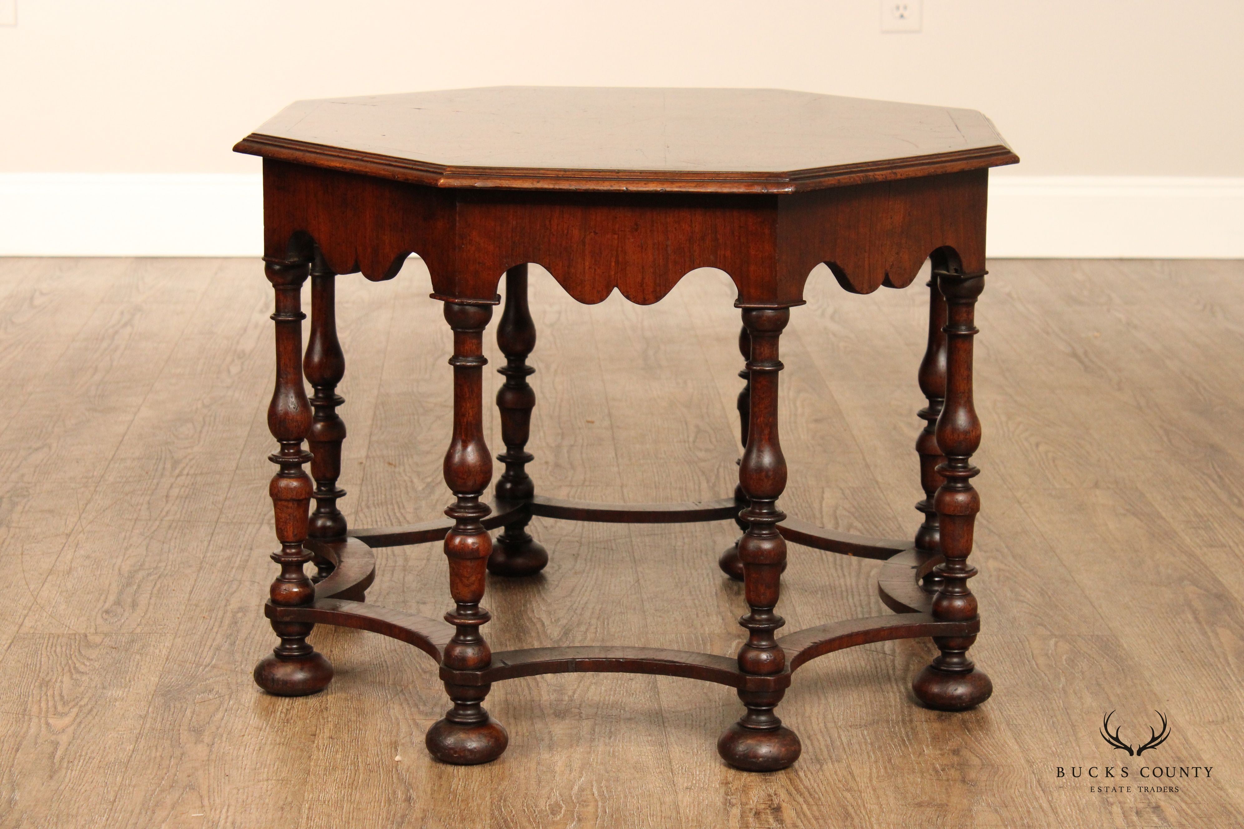 English William & Mary Style Carved Walnut Octagonal Coffee Table