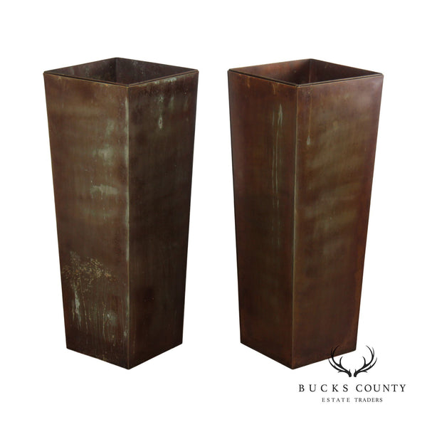 Industrial Style Pair of Patinated Copper Tall Planters