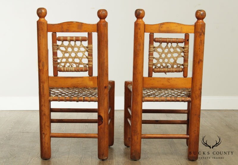Vintage Pair Pine Rawhide Lace Side Chairs