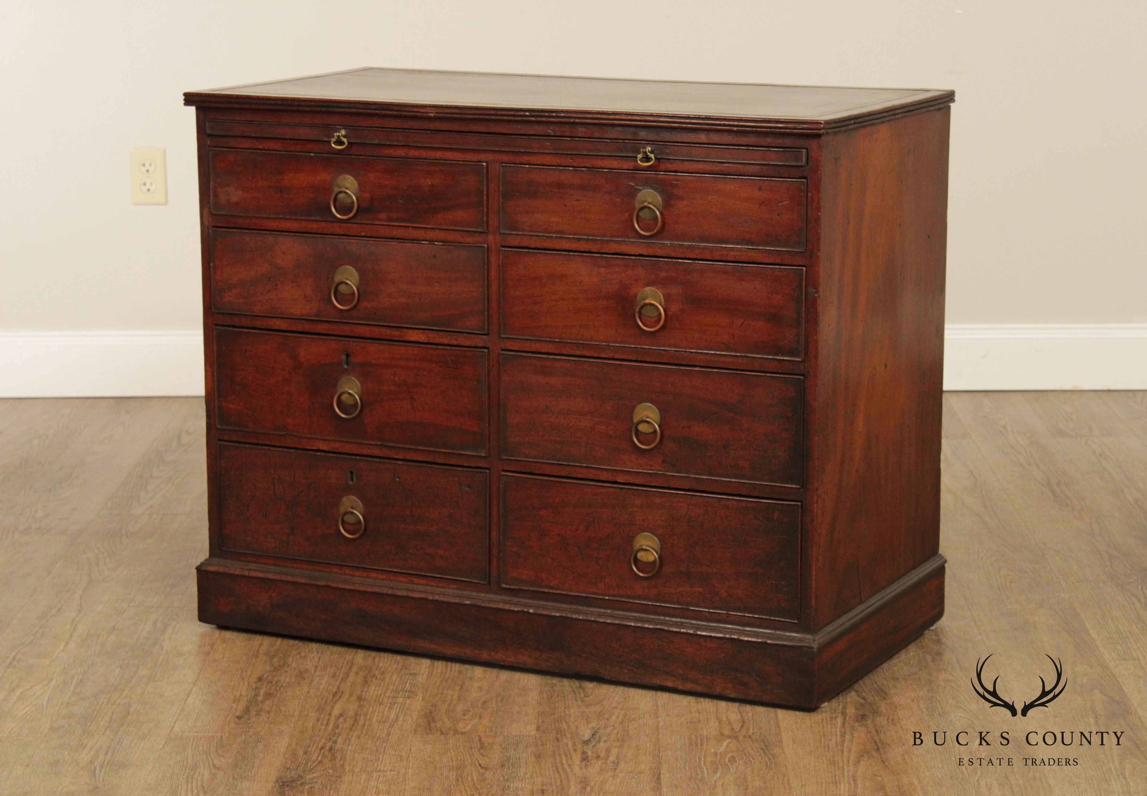 Antique English Mahogany Regency Period Leather Top Chest of Drawers