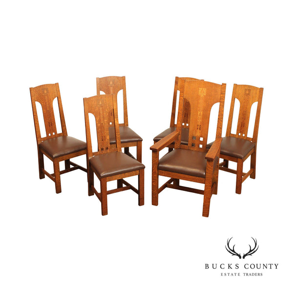 Shop of the Crafters Antique Arts & Crafts Set Six Oak Inlaid Dining Chairs