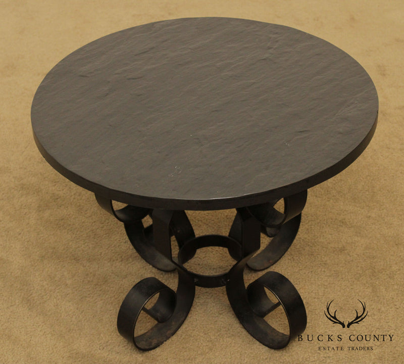 Mid Century Wrought Iron 20 inch Round Slate Top Side Table