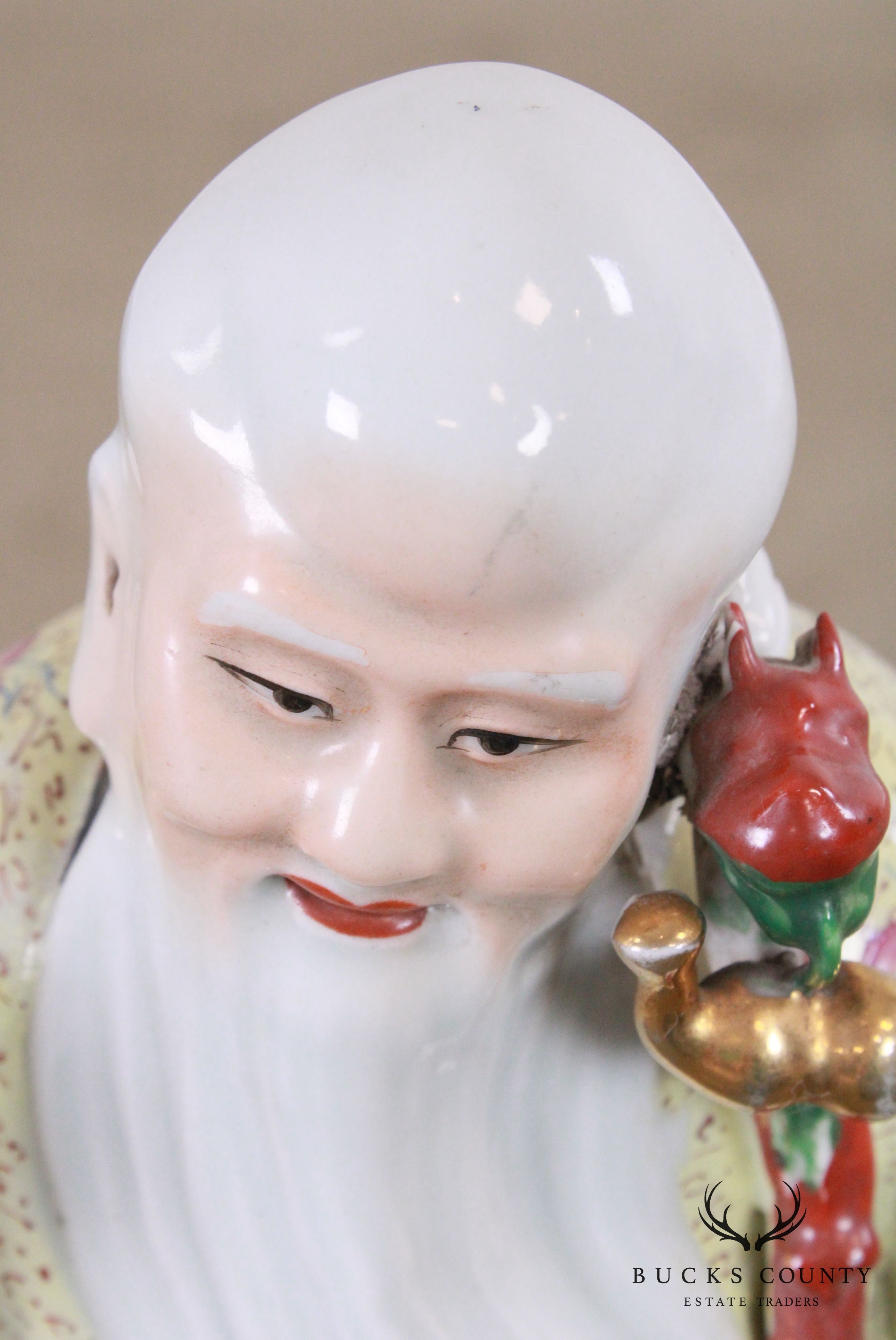 Porcelain Figure Shouxing Chinese God of Longevity Wood Base