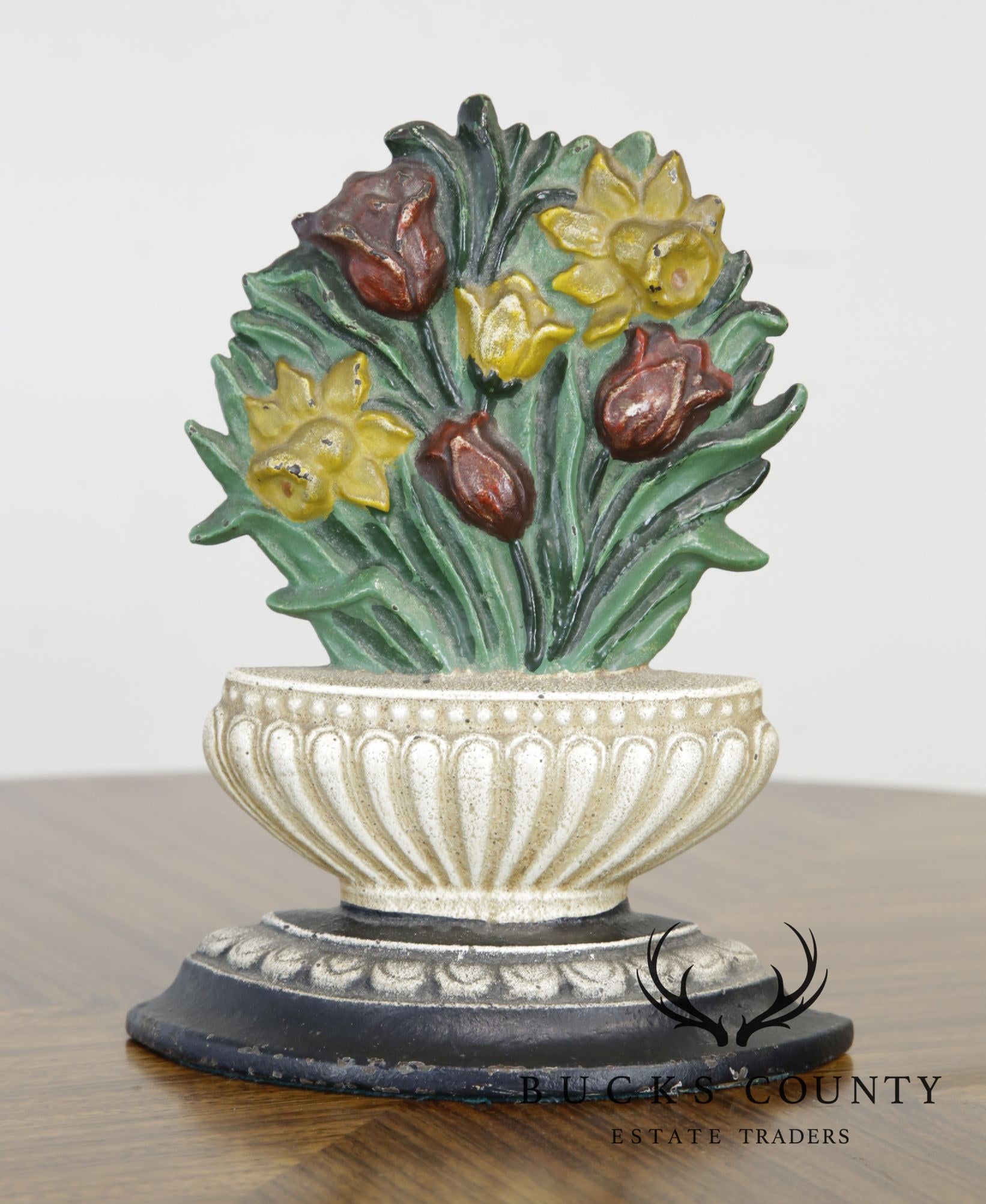 Unusual Flower Basket Cast Iron Door Stop. Tulips & Daffodils