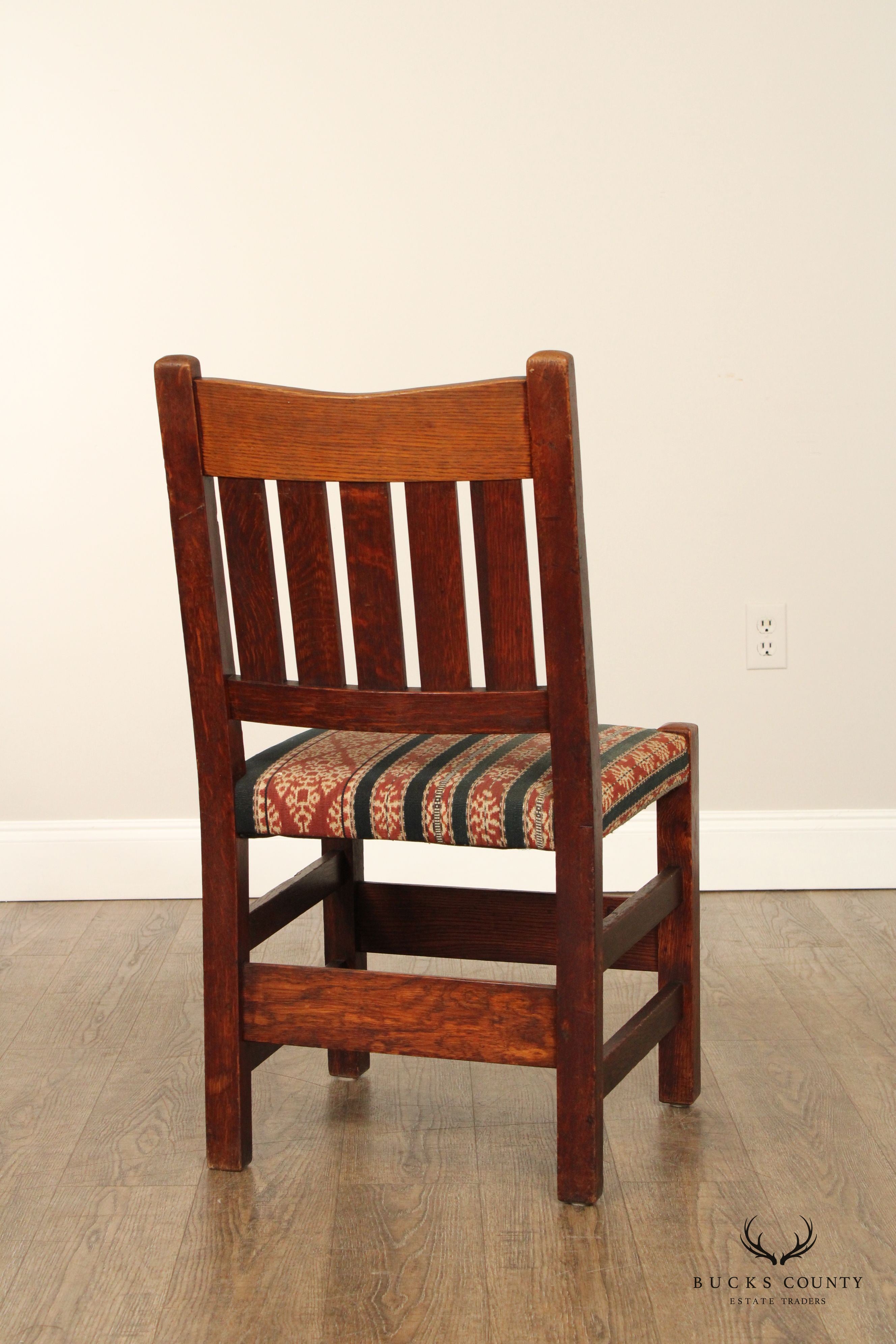 GUSTAV STICKLEY ANTIQUE MISSION PAIR OAK V BACK SIDE CHAIRS