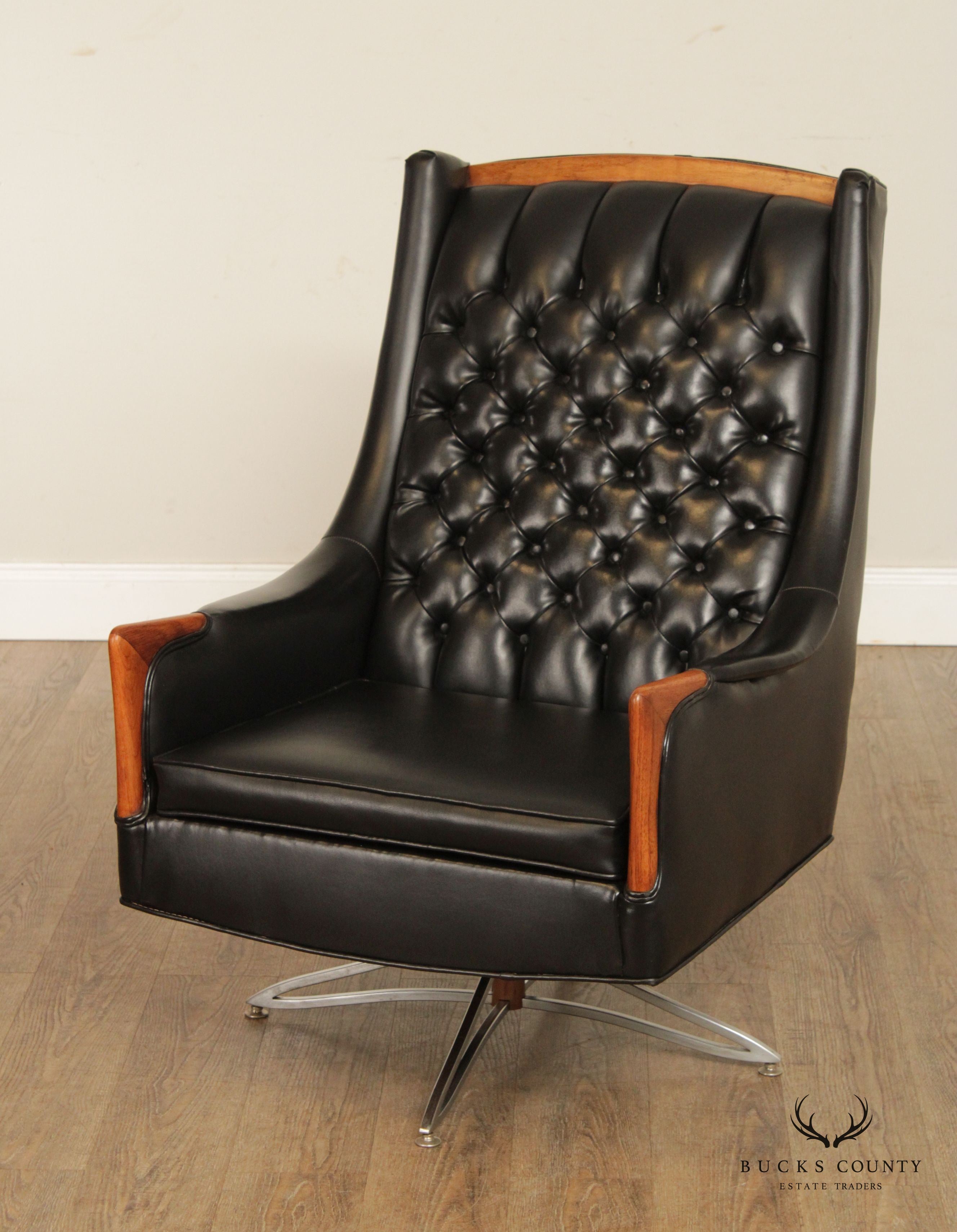 Kroehler Midcentury Modern Black Tufted Swivel Lounge Chair and Ottoman