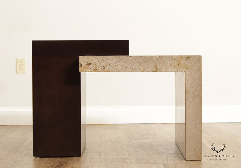 Italian Modern Travertine and Wenge Wood Side Table