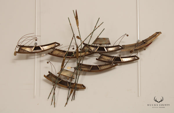 Curtis Jere Vintage Brass Metal Wall Sculpture of Asian Boats and Bamboo