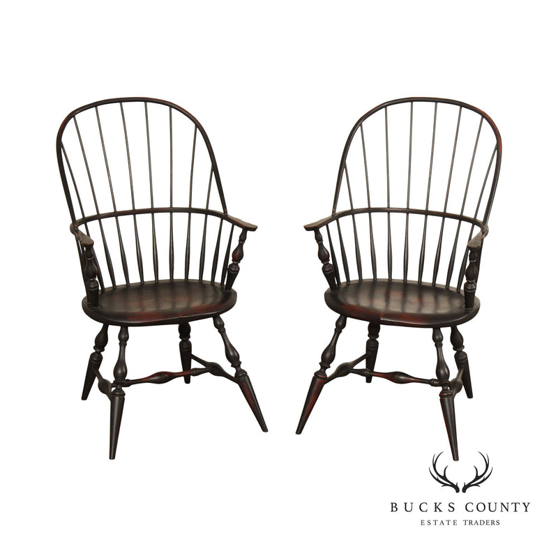 Early American Style Pair of Ebonized Windsor Armchairs