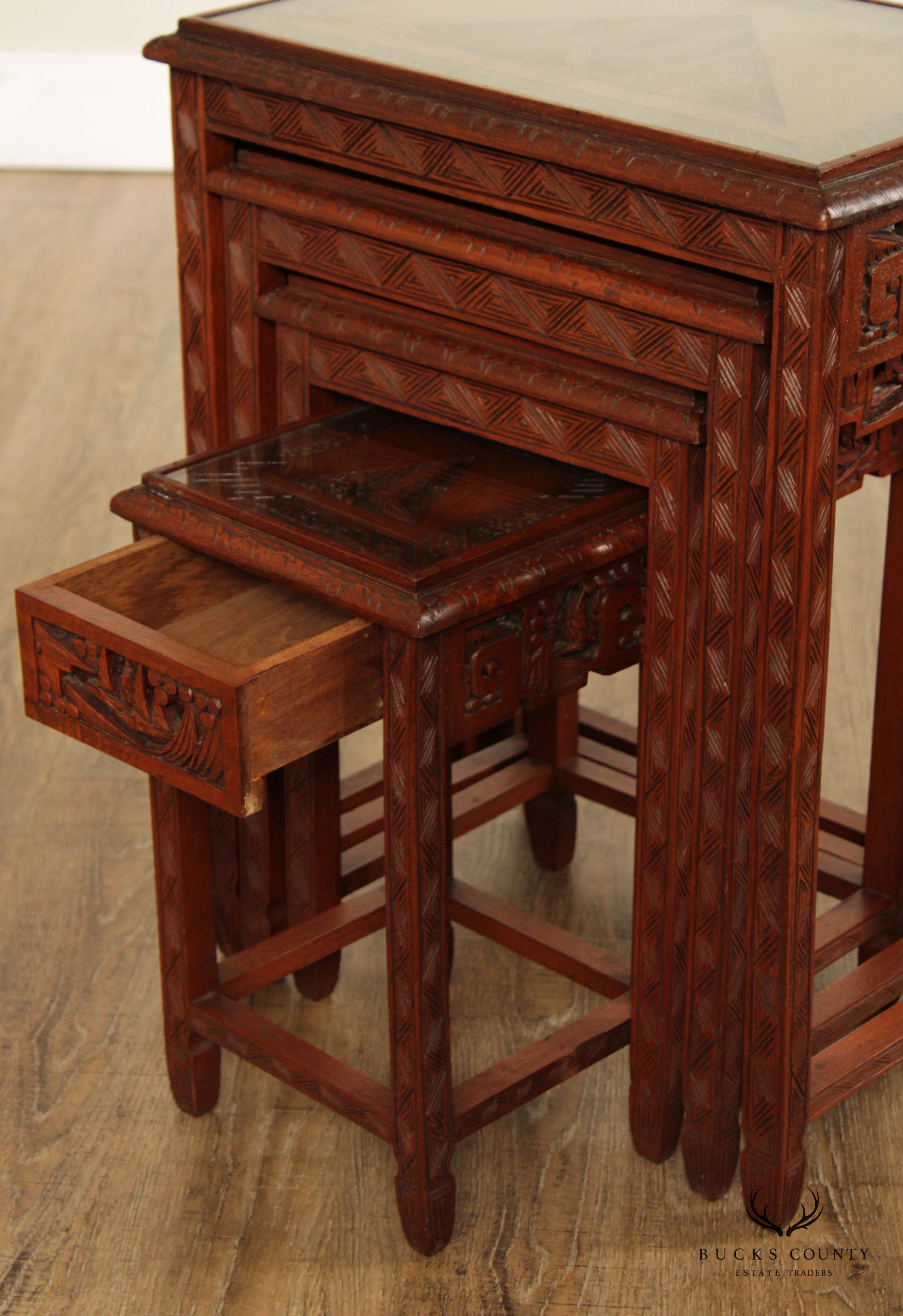 Chinoiserie Carved Set of Four Hardwood Glass Top Nesting Tables