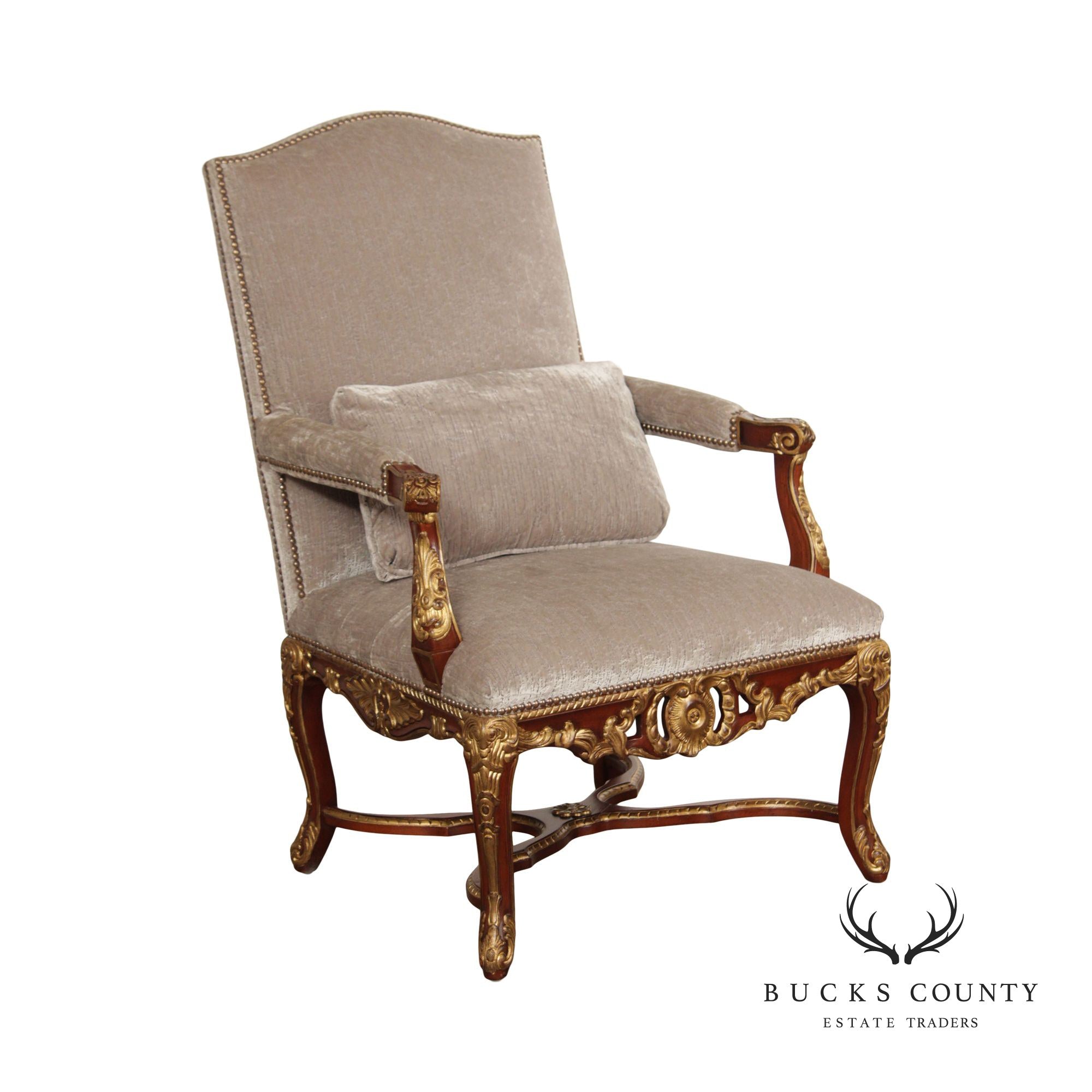 EJ VICTOR FRENCH REGENCE STYLE GILT CARVED ARMCHAIR