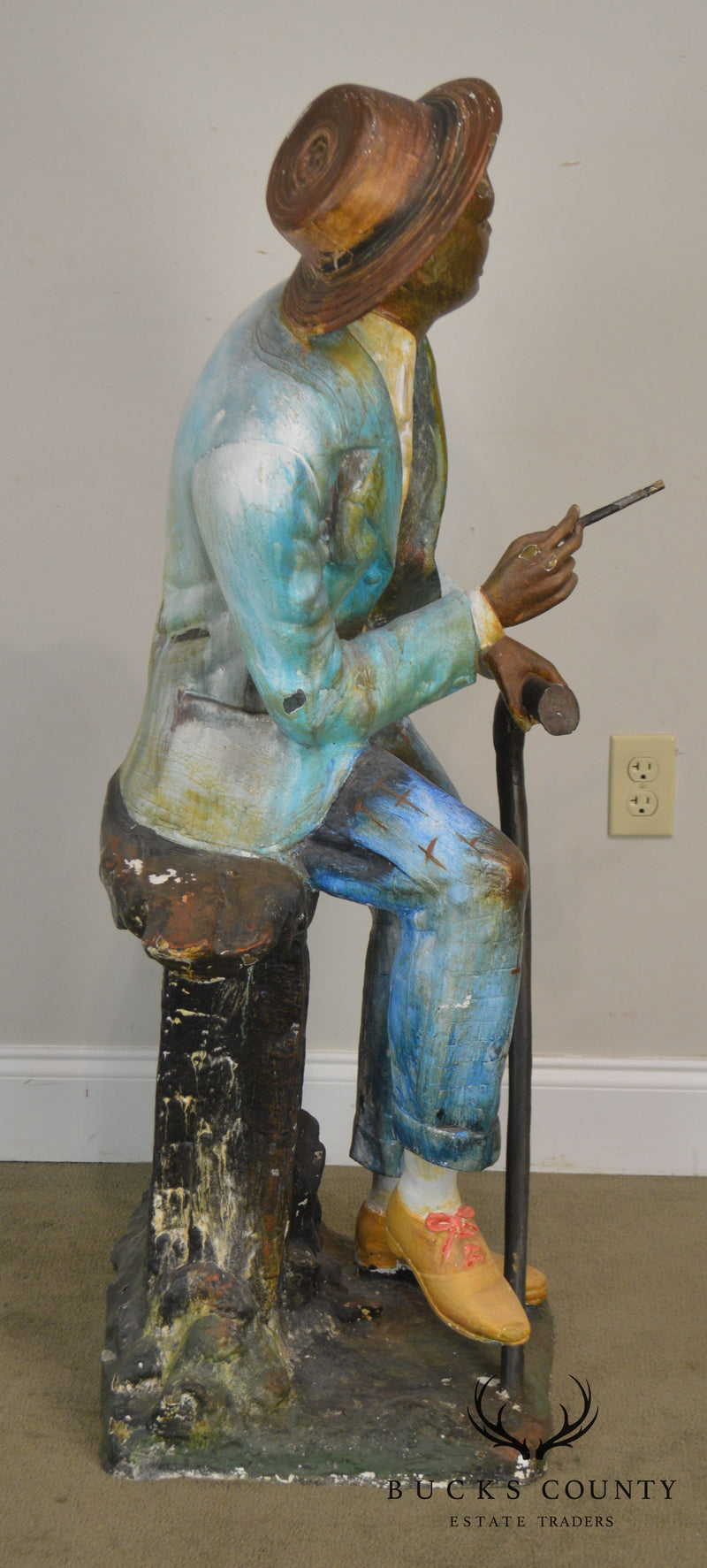 Farnsworth Large Painted Bronze Statue of Seated Black Man with Cane & Cigar