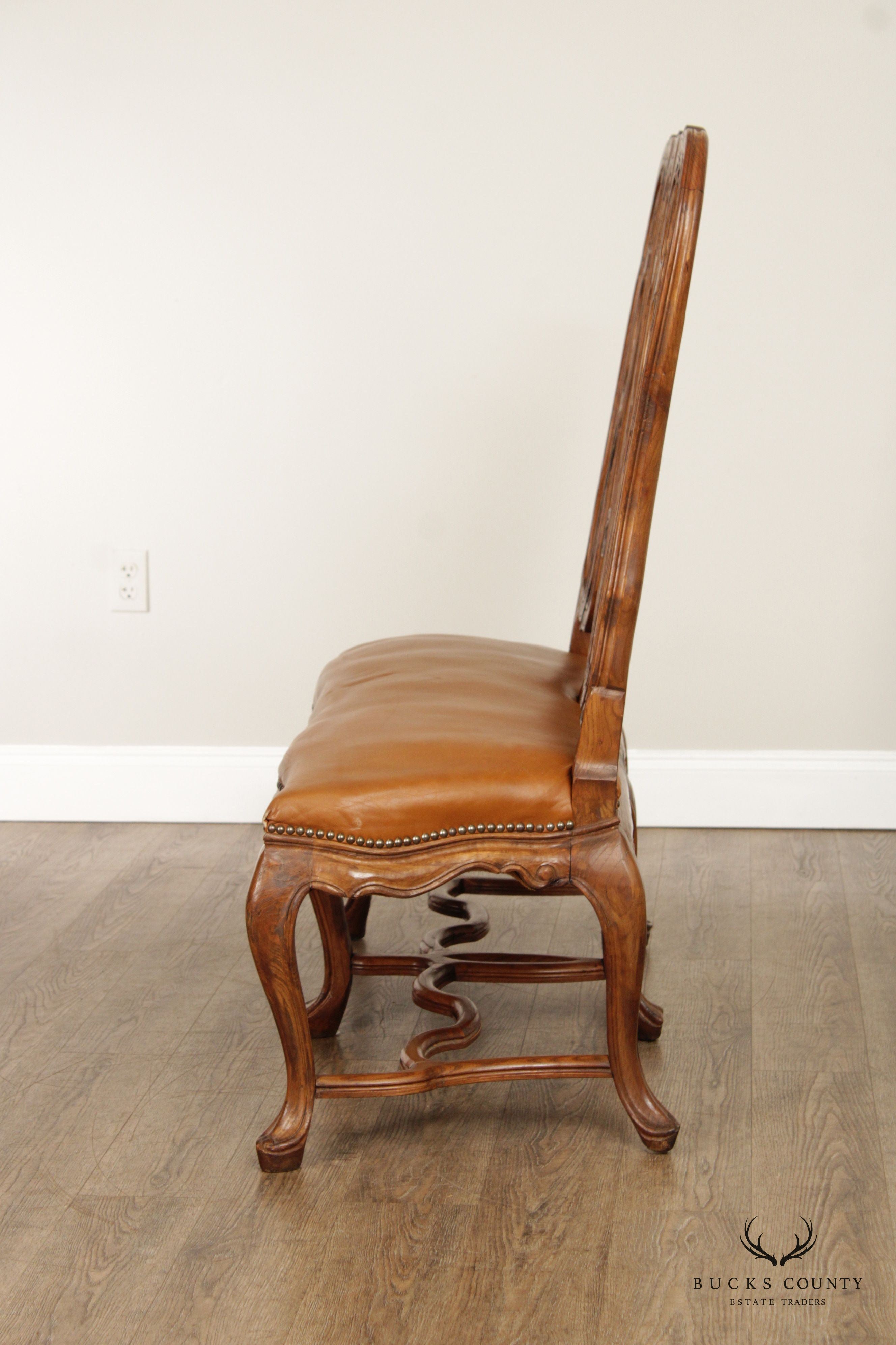 Italian Provincial Style Carved Walnut and Leather Hall Bench Settee