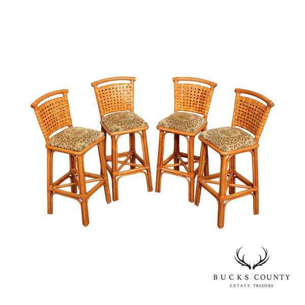 Quality Set of Four Custom Upholstered Rattan And Woven Rawhide Bar Stools