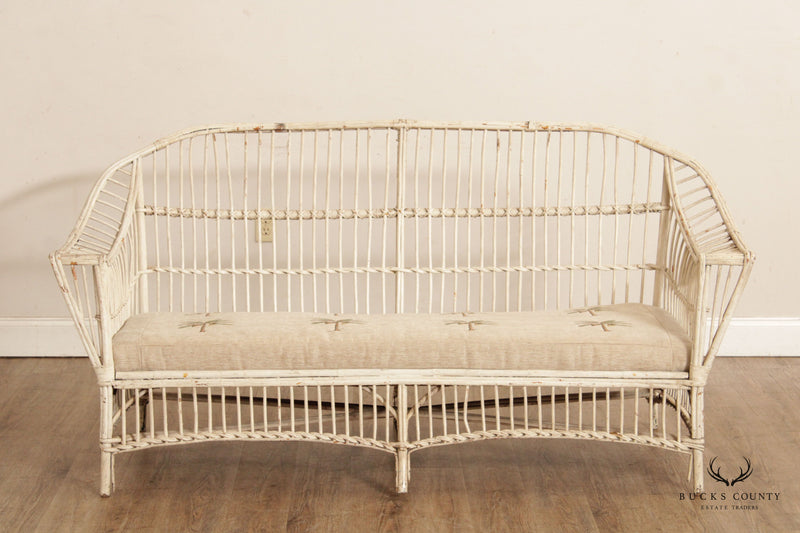 Vintage Coastal White Painted Split Reed Wicker Rattan Sofa