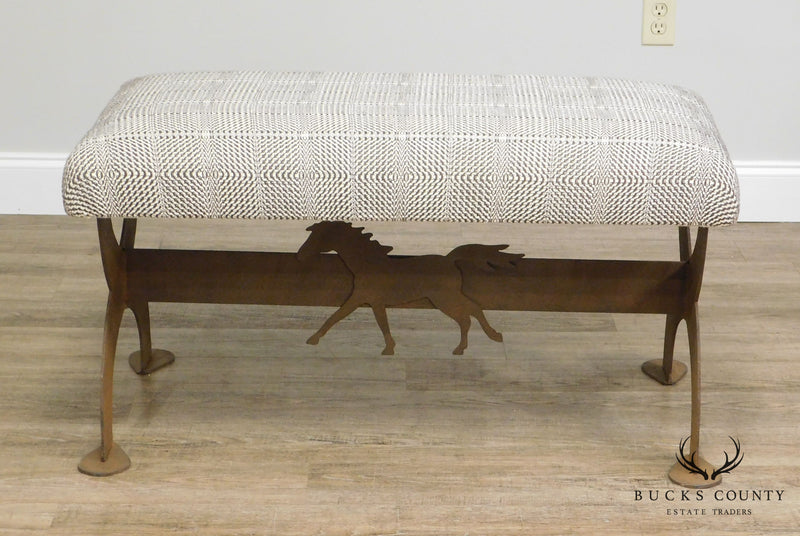 Vintage Weathered Steel X Base Bench With Horse