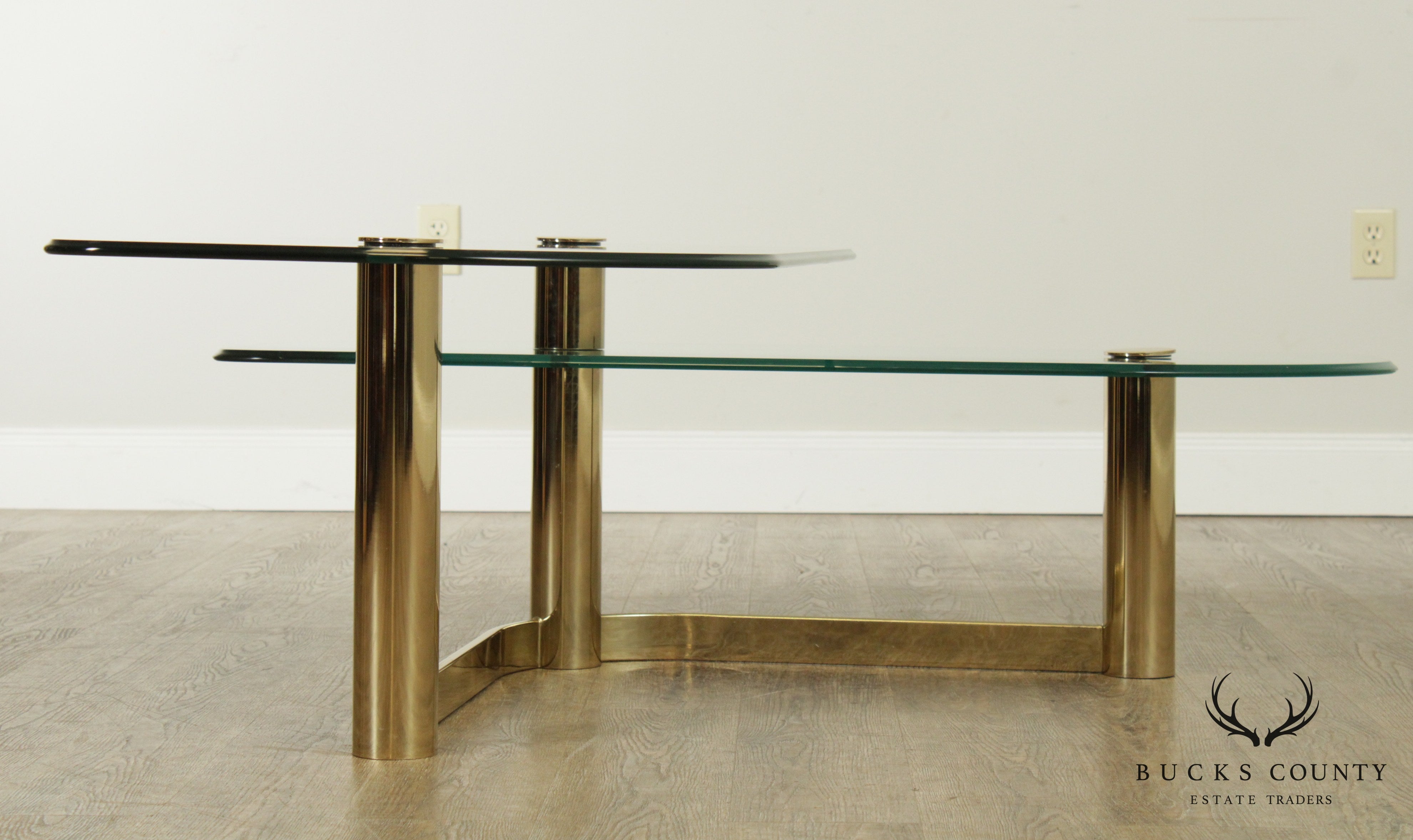 Postmodern 1970's Vintage Brass & Glass 2 Tier L Shape Coffee Table