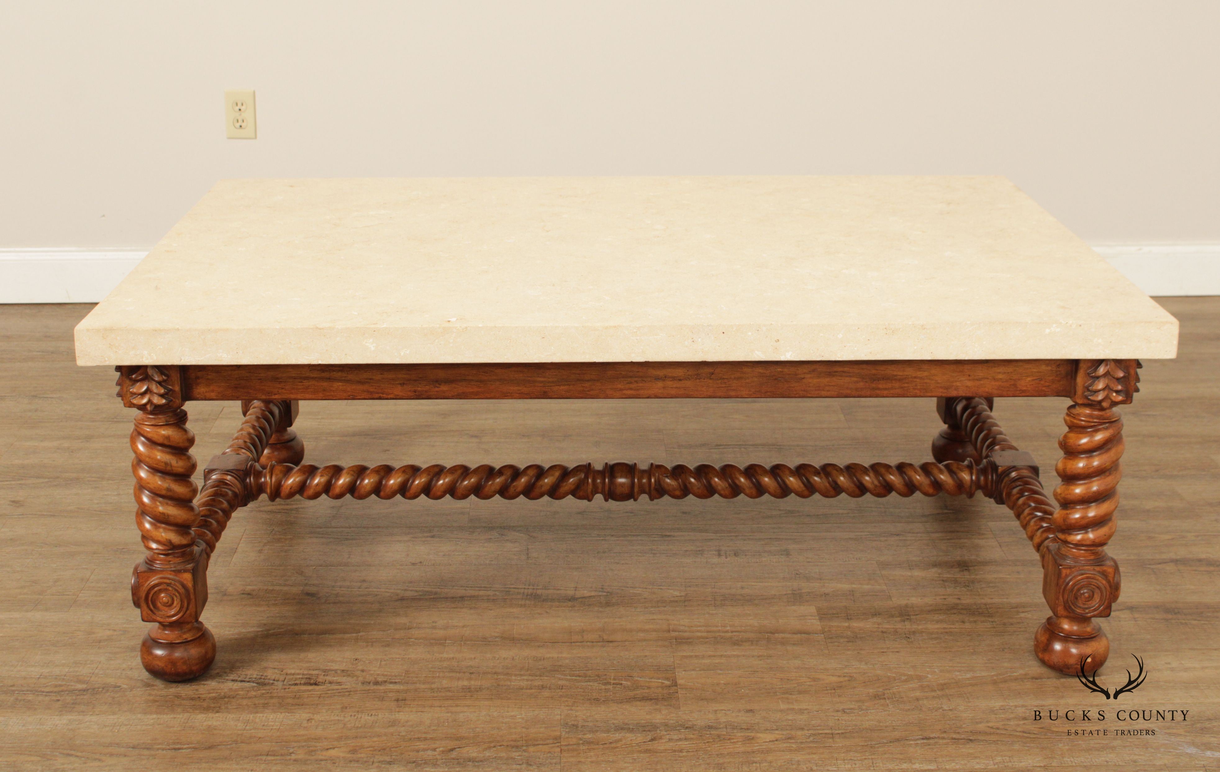 Jacobean Style Barley Twist Travertine Stone Top Coffee Table