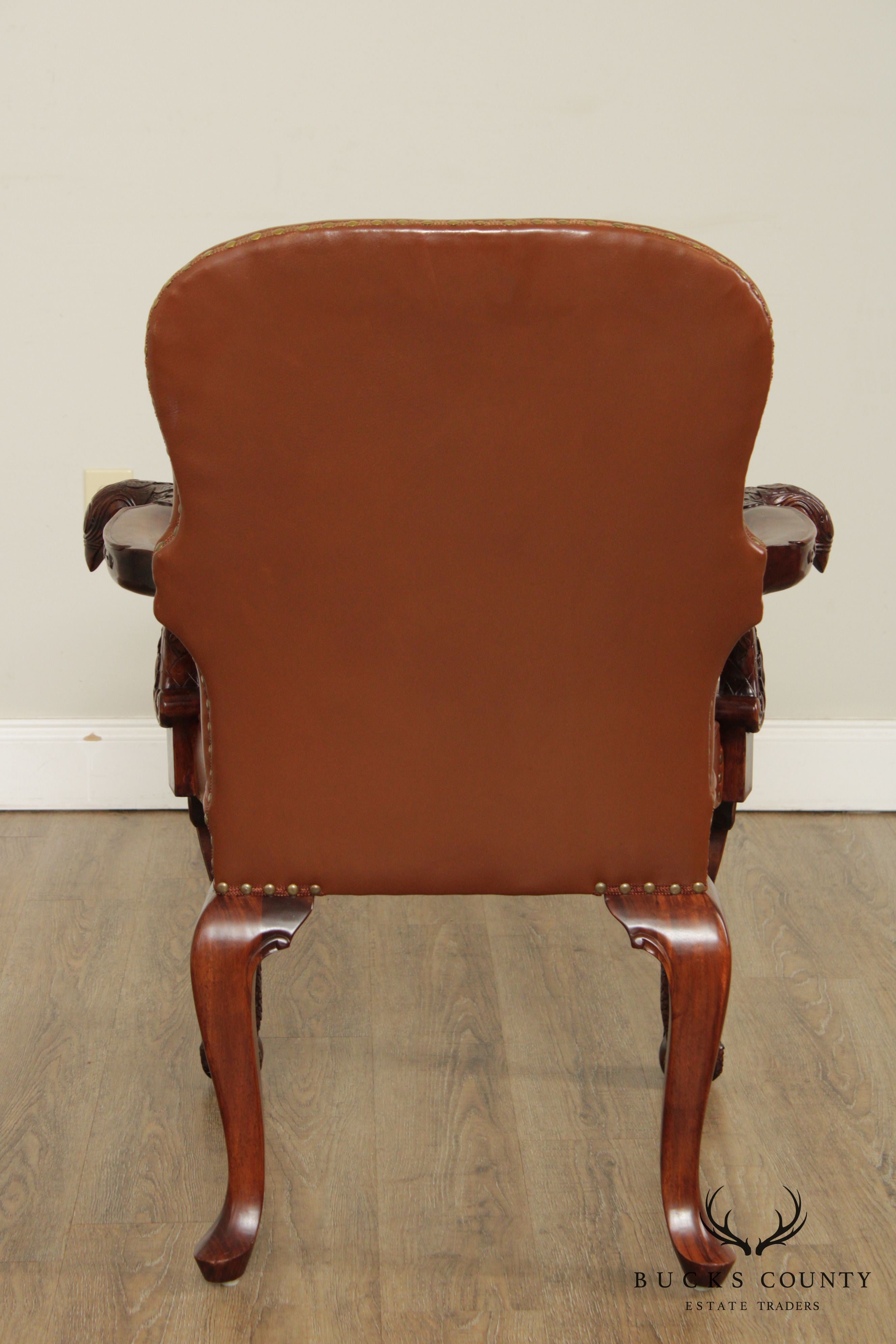 Georgian Chippendale Style Mahogany Eagle Carved Leather Armchair