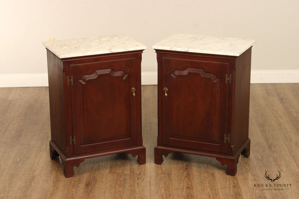 Vintage Pair Mahogany Marble Top Cabinet Nightstands