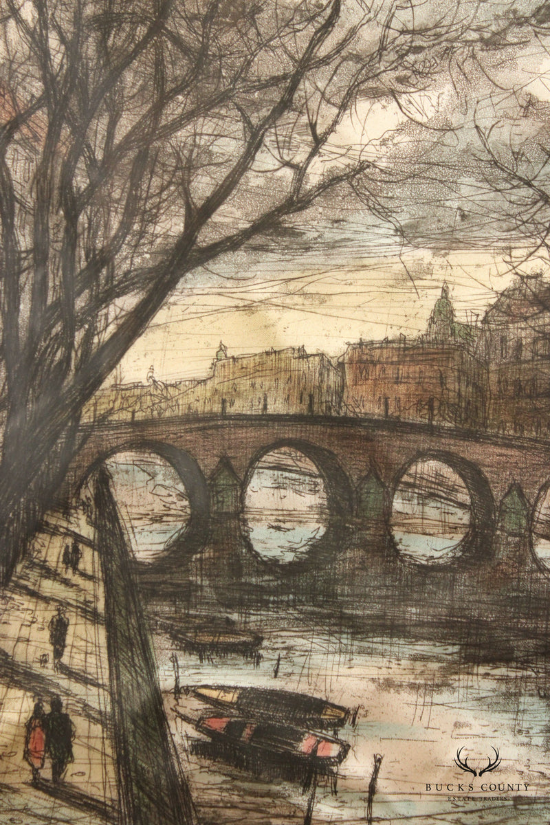 Vintage 20th C. 'Paris' Seine Colored Etching, Custom Framed