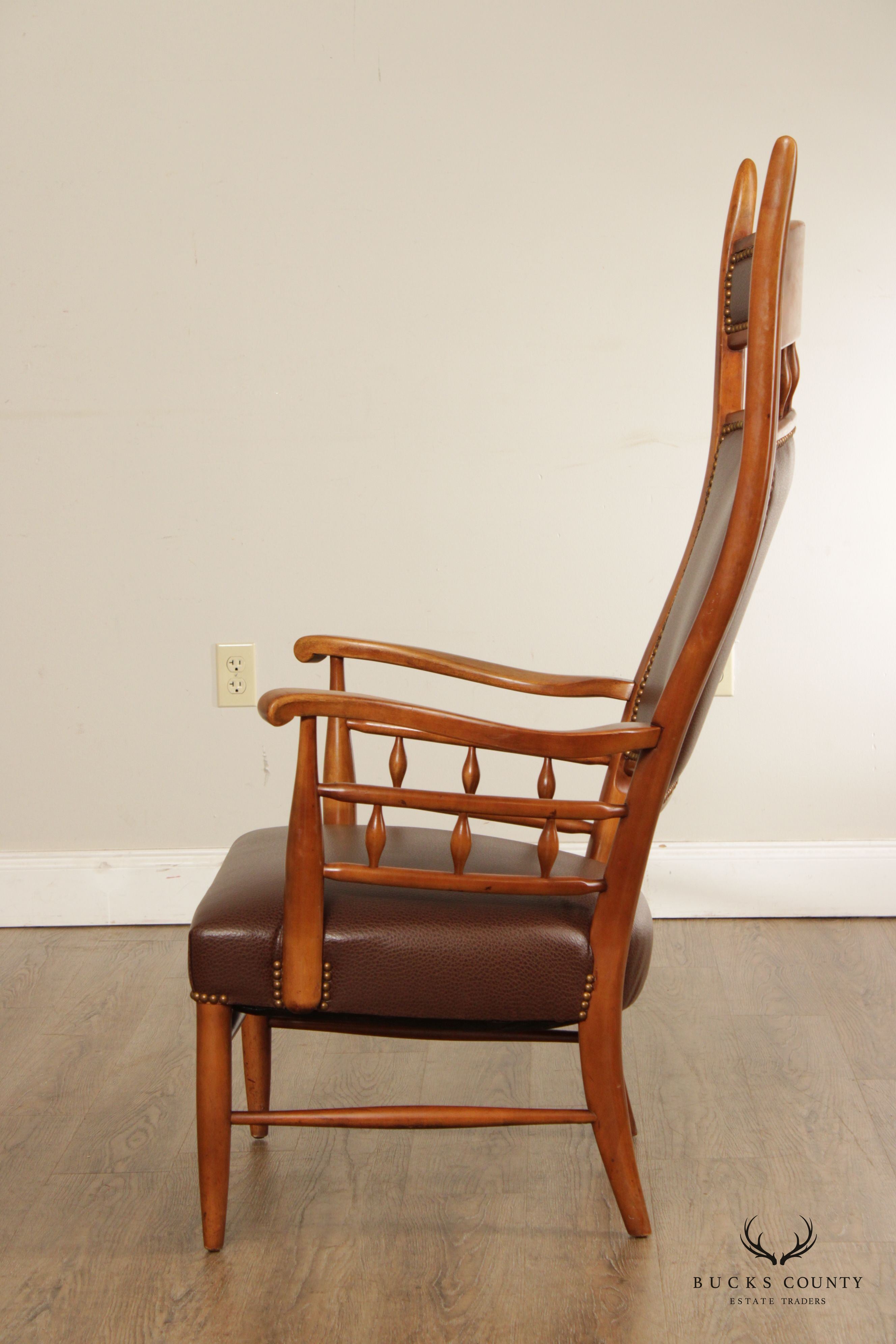 Mid Century Unusual High Back Sculpted Maple & Leather Arm Chair