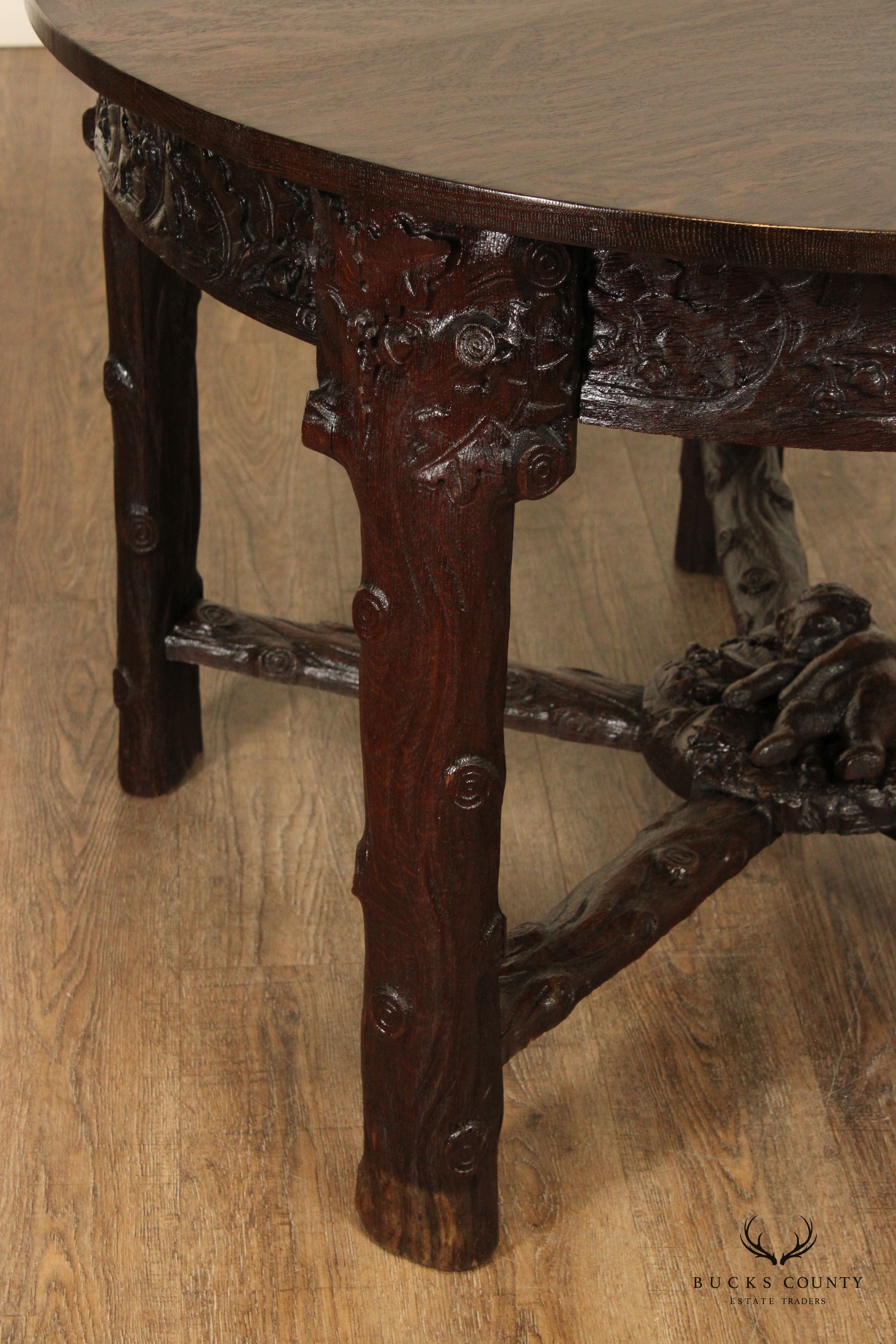 Antique American Black Forest Style Carved Oak Round Dining Table