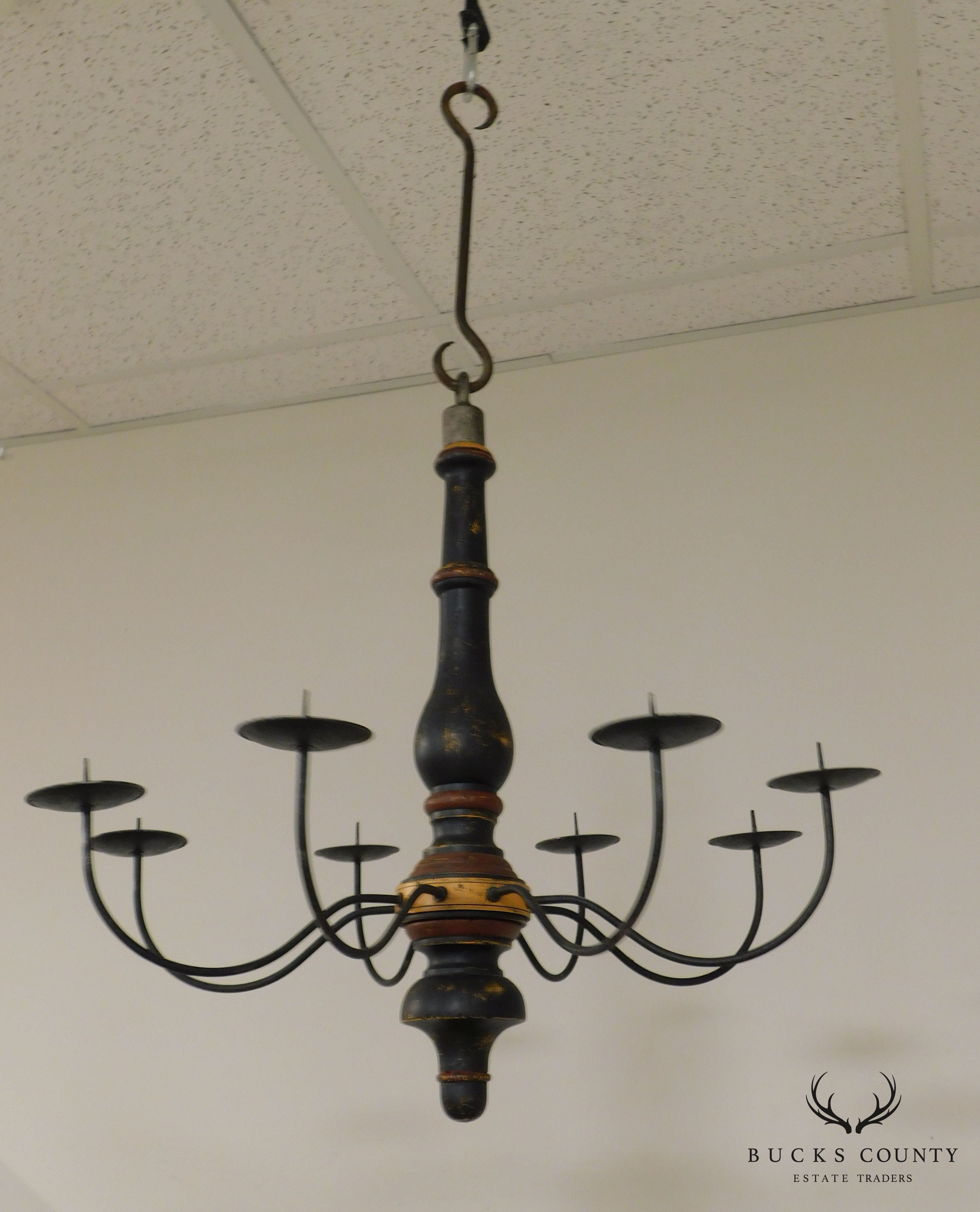 Custom Quality Folk Art 8 Light Turned Wood & Iron Chandelier