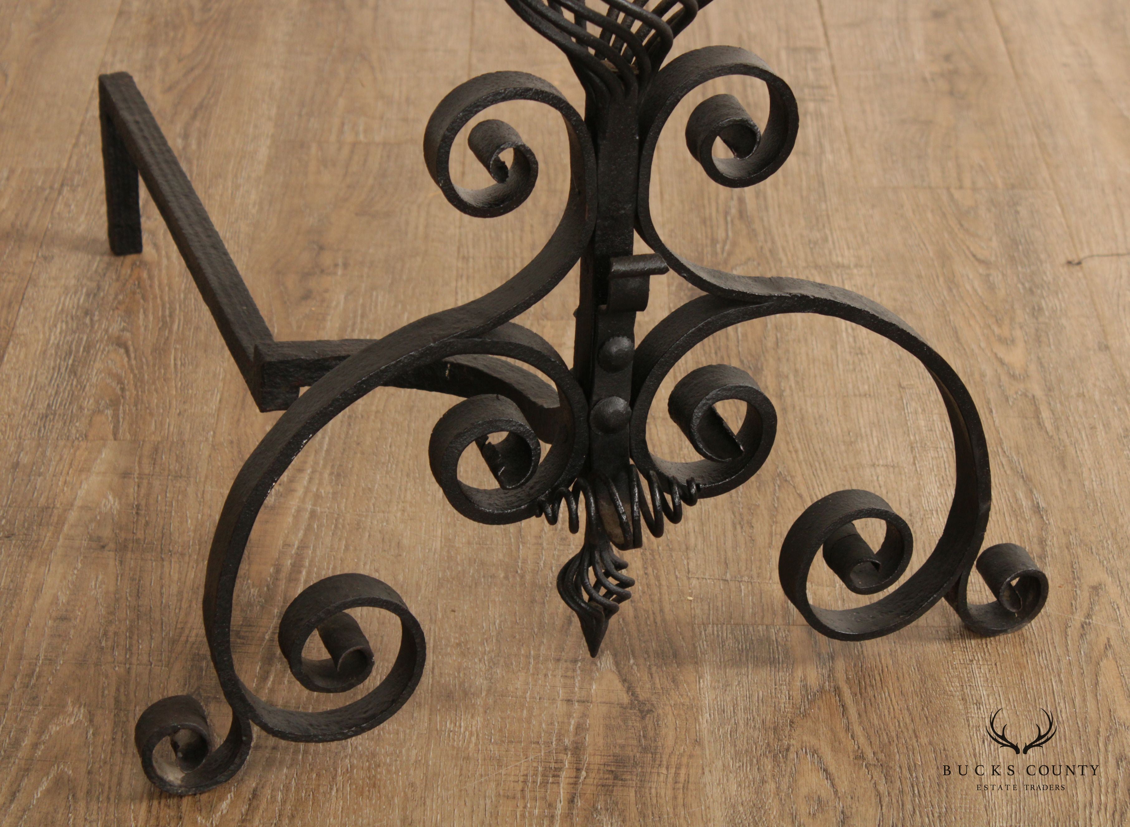 American Arts & Crafts Wrought Iron Pair Andirons