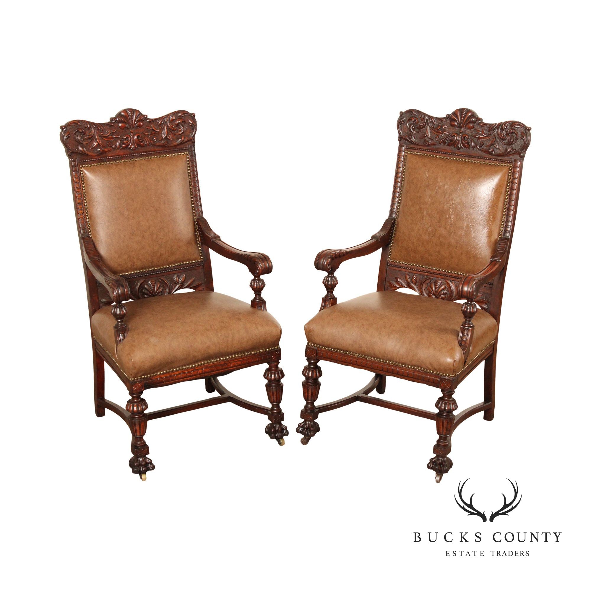 Antique Victorian Renaissance Revival Pair Carved Oak Throne Chairs