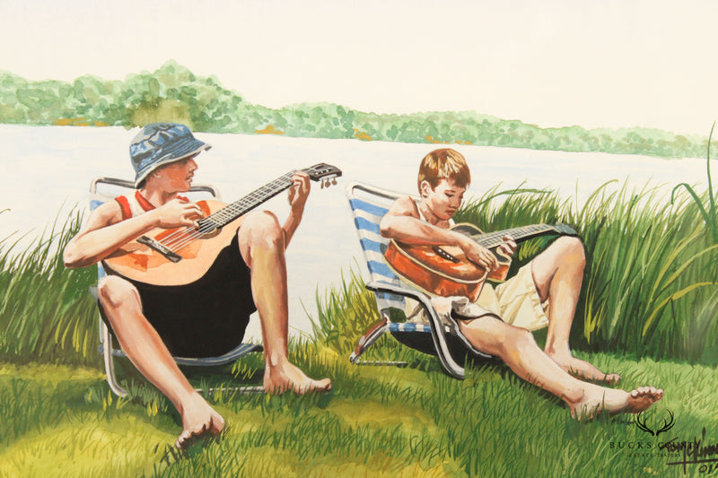 Tom Kinney 2001 Boys Playing Guitar Original Painting, Custom Framed