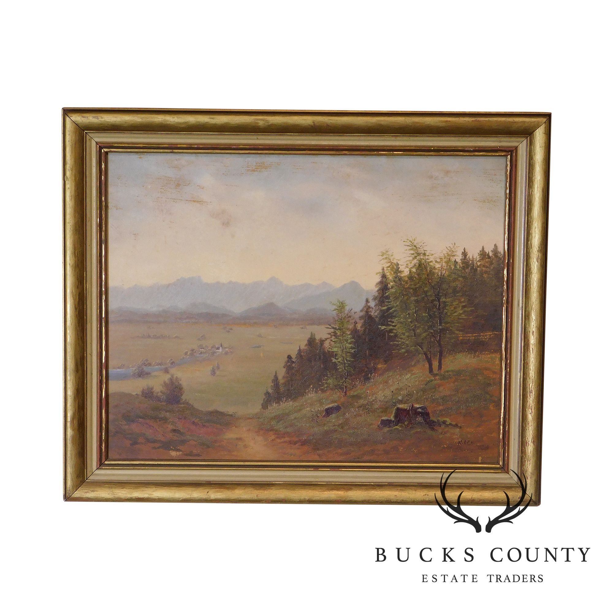 Mountain Valley Scene Framed Oil Painting On Board - Artist's Signature Illegible