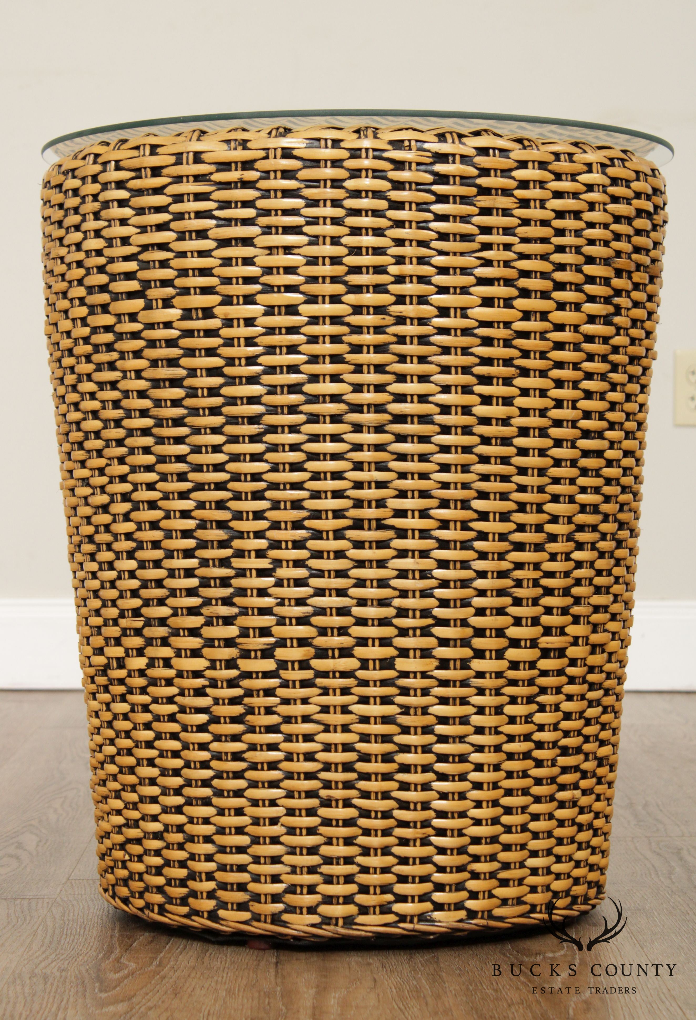 Vintage Woven Wicker Rattan Glass Top Round Side Table