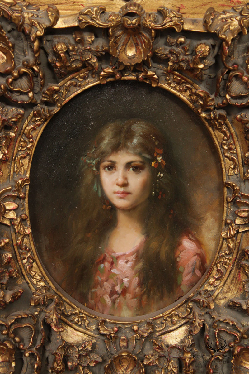 Continental Style Portrait of Young Woman Oil Painting, Custom Gilt Framed