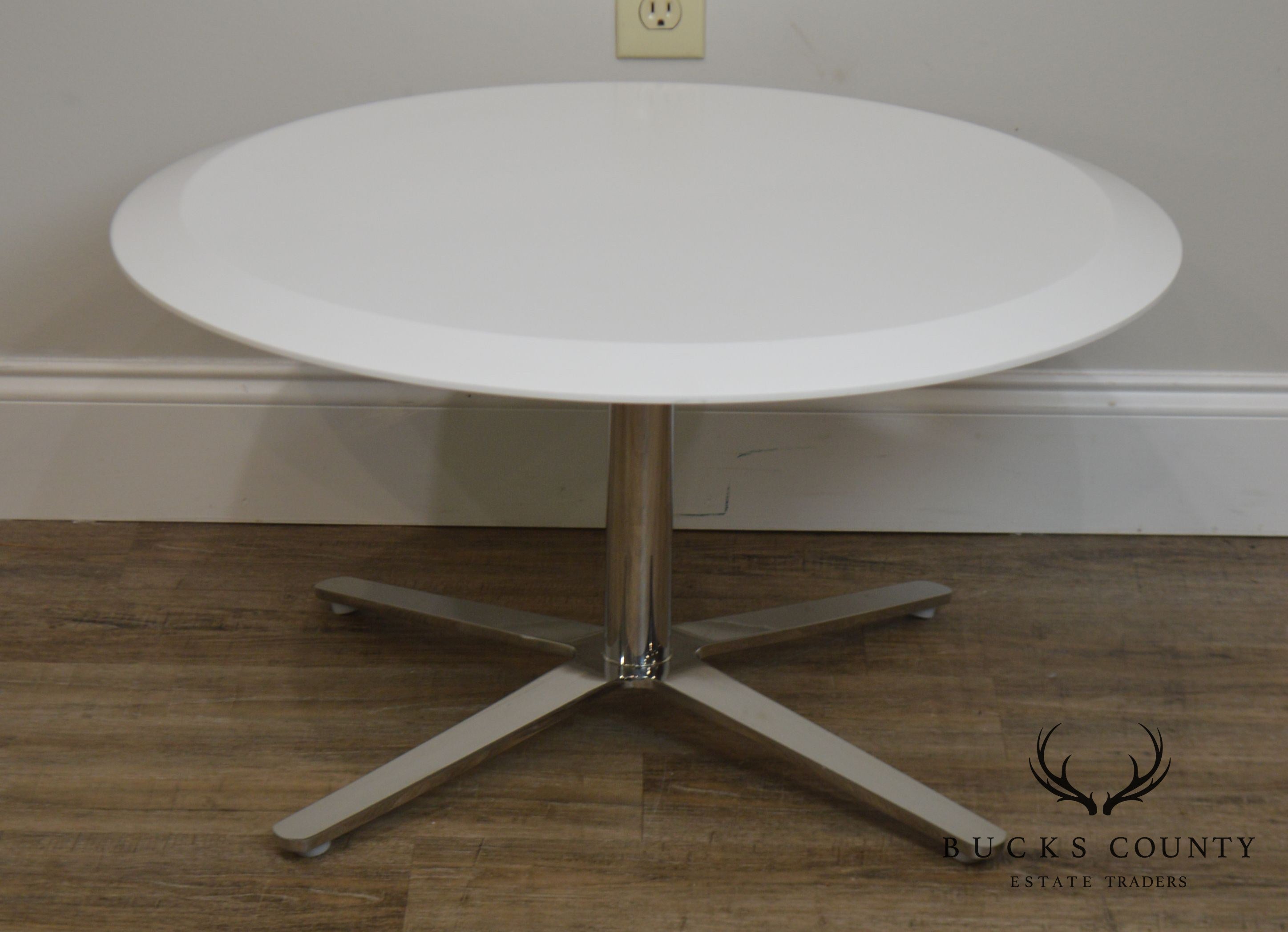 Cumberland Mid-Century Modern Style pair Chrome Pedestal Base Round White Tables