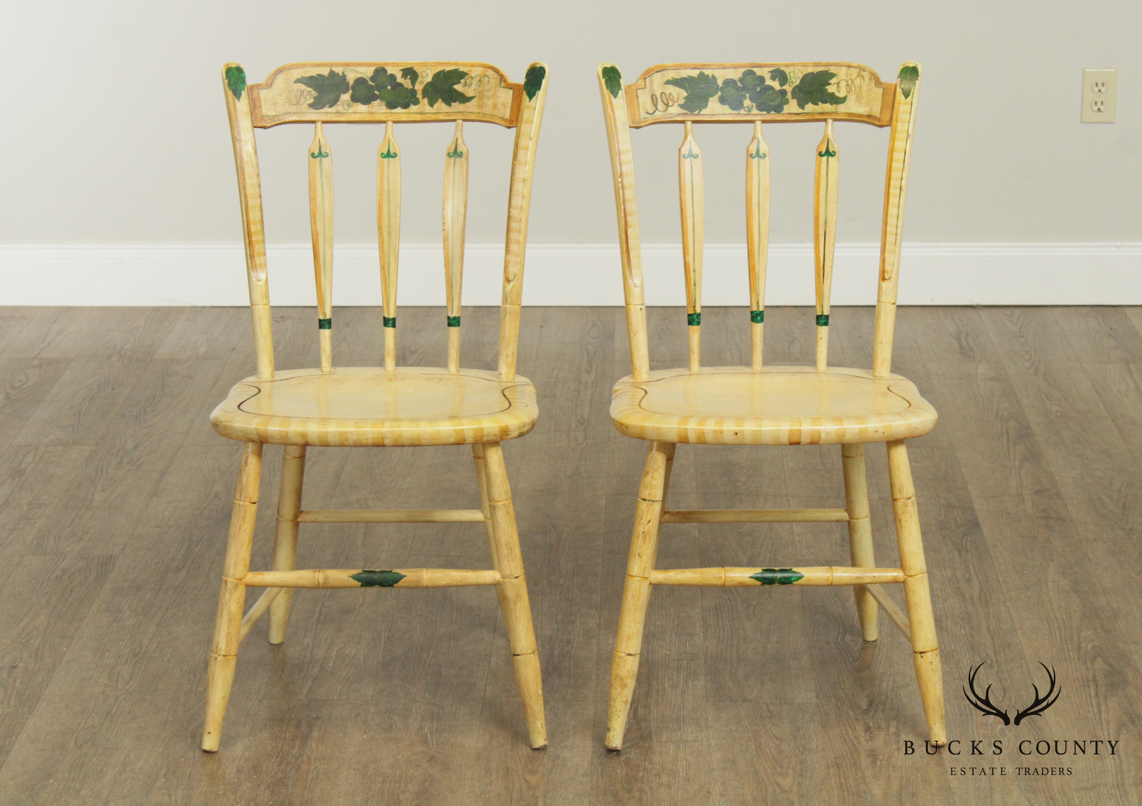 Antique Pair Paint Decorated Arrow Back Side Chairs