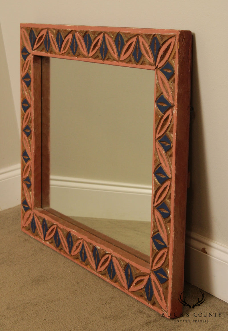 Vintage Mexican Carved Wood Carved Painted Wall Mirror
