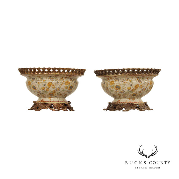 Continental Style Pair Bronze Mounted Porcelain Centerpiece Bowls