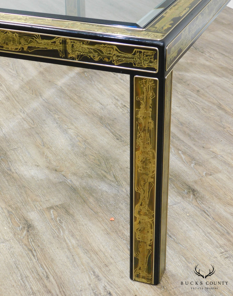Bernard Rohne Mastercraft Acid Etched Brass, Glass Top Expandable Dining Table