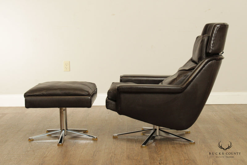 Werner Langenfeld for ESA Danish Modern Leather Lounge Chair and Ottoman