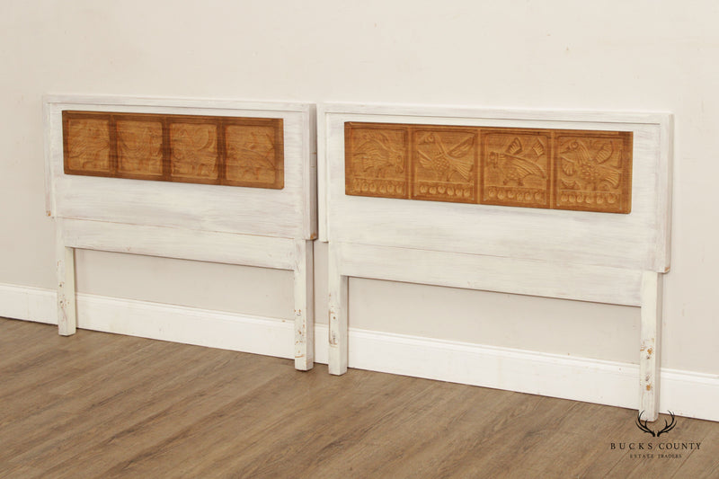 Vintage Mexican Folk Art Style Carved Pair Twin Headboards