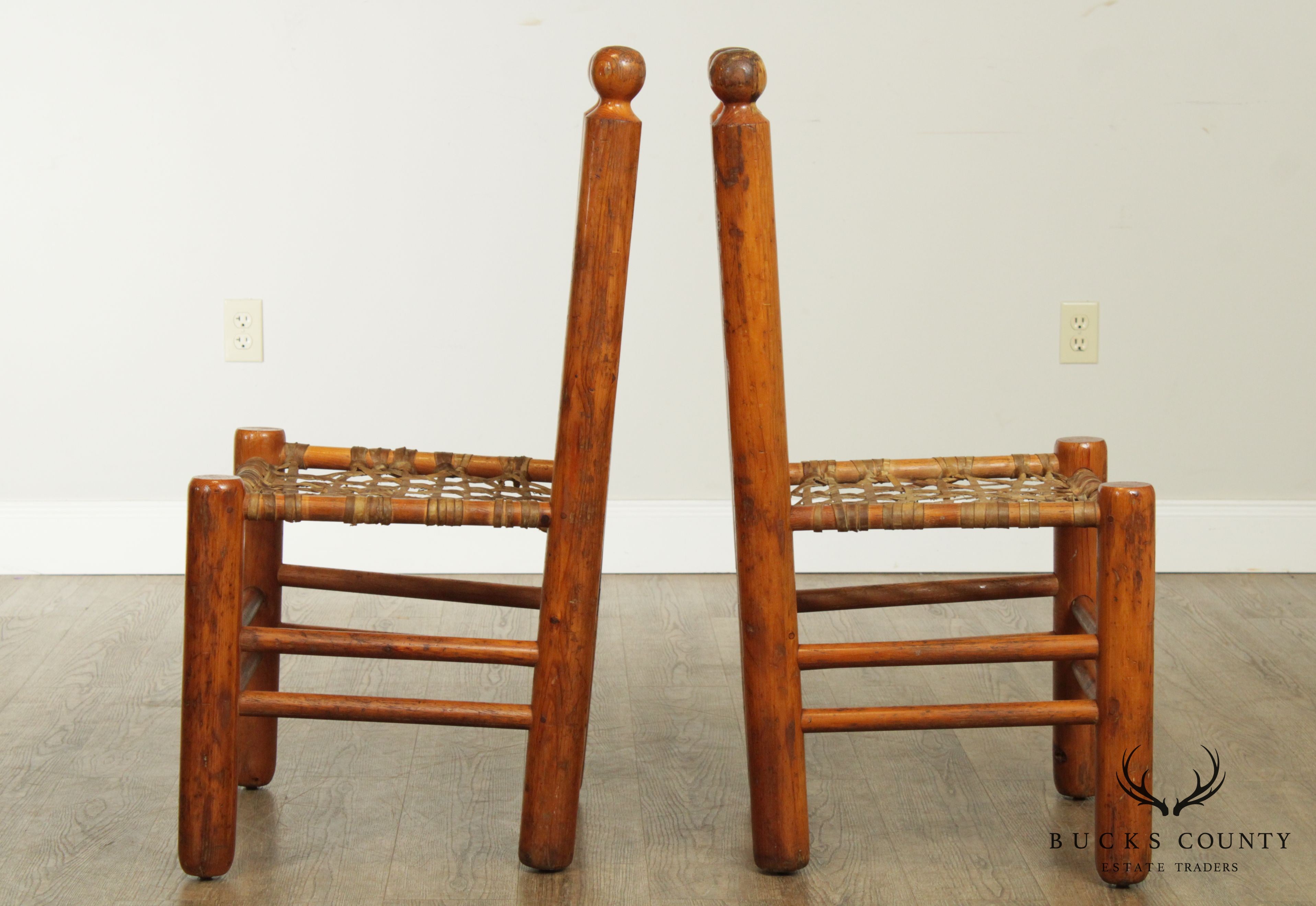 Vintage Pair Pine Rawhide Lace Side Chairs