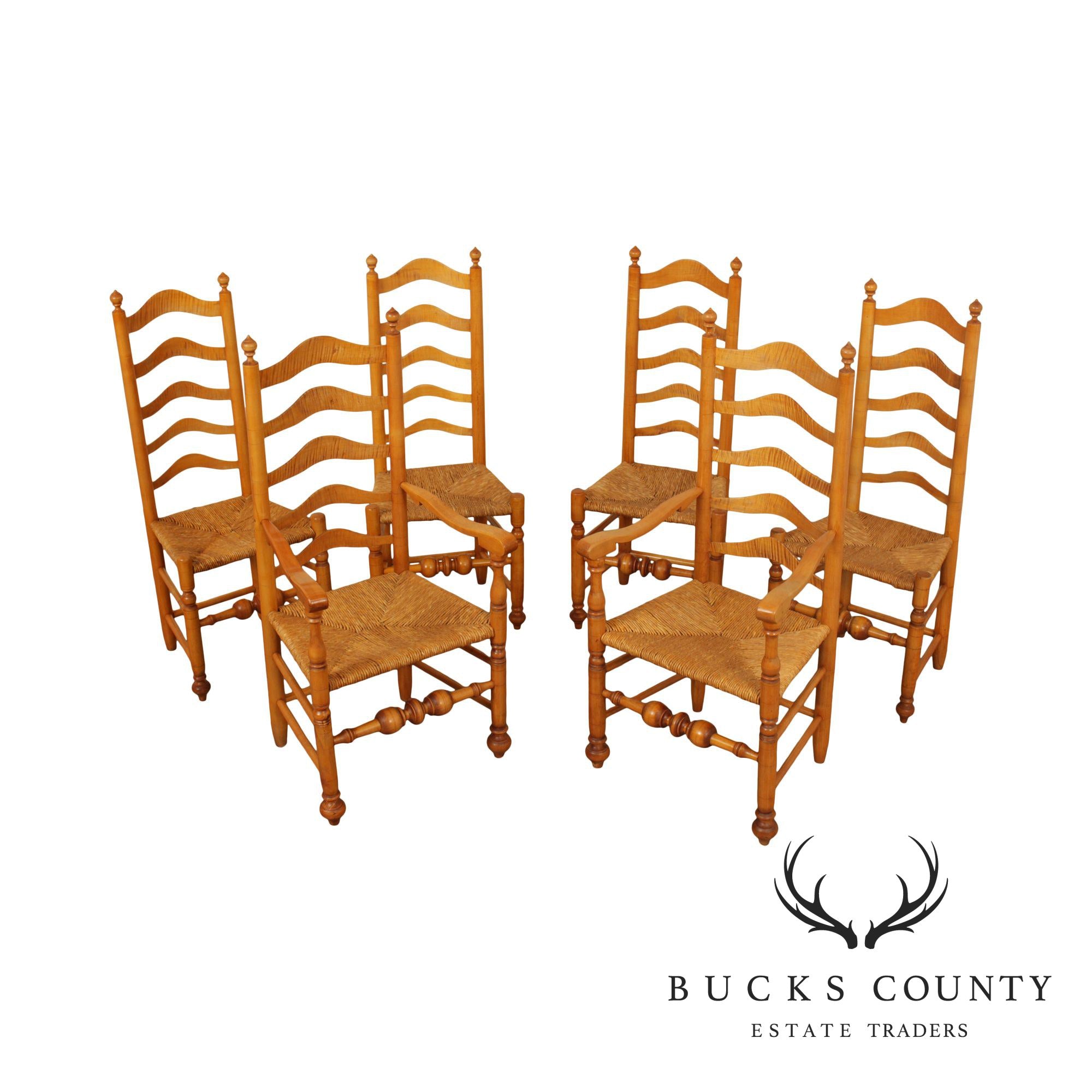 Robert Johnson Tiger Maple Set 6 Hand Crafted Delaware Valley Ladder Back Dining Chairs