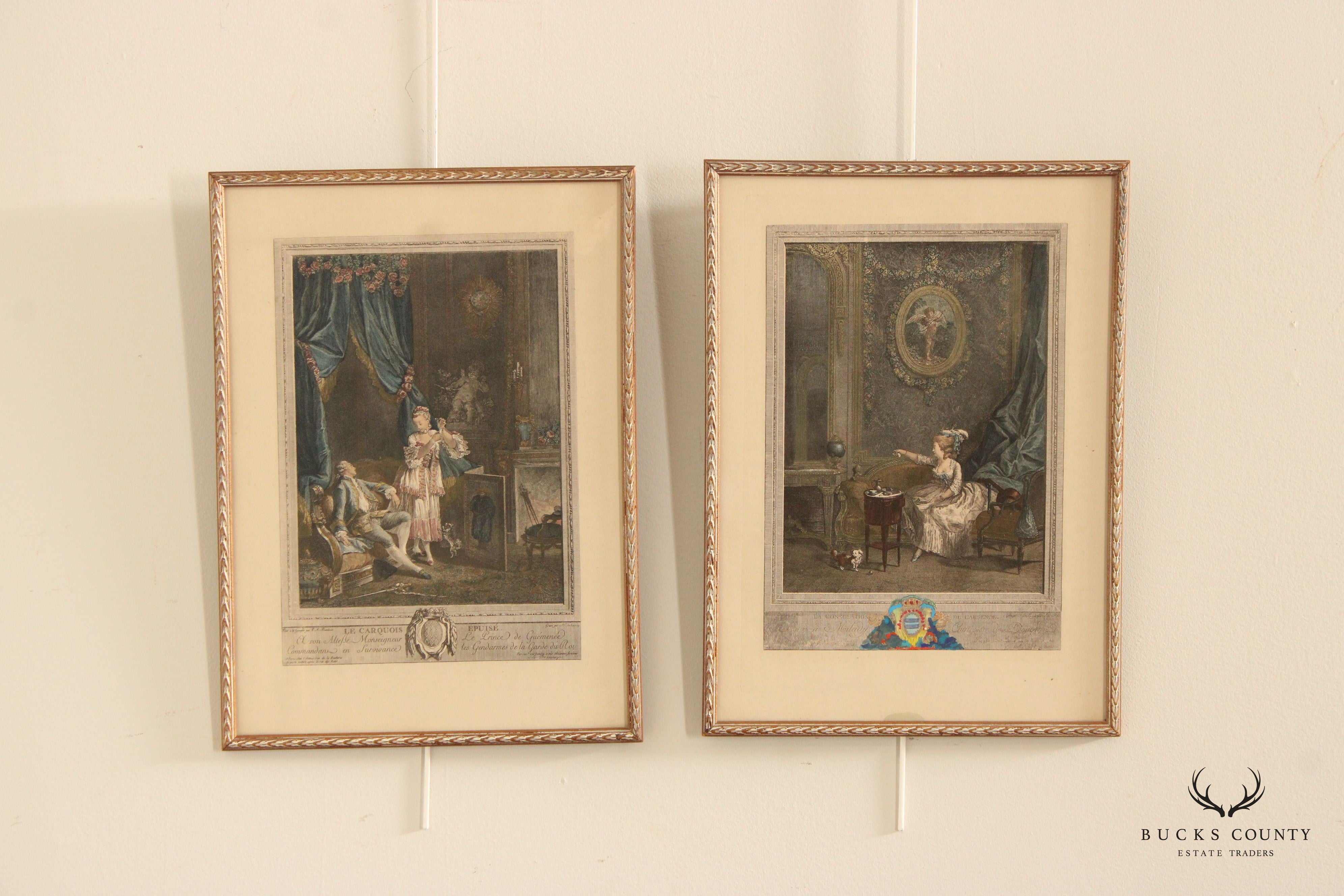 Antique French Pair Colored Engravings, After Nicolas de Launay