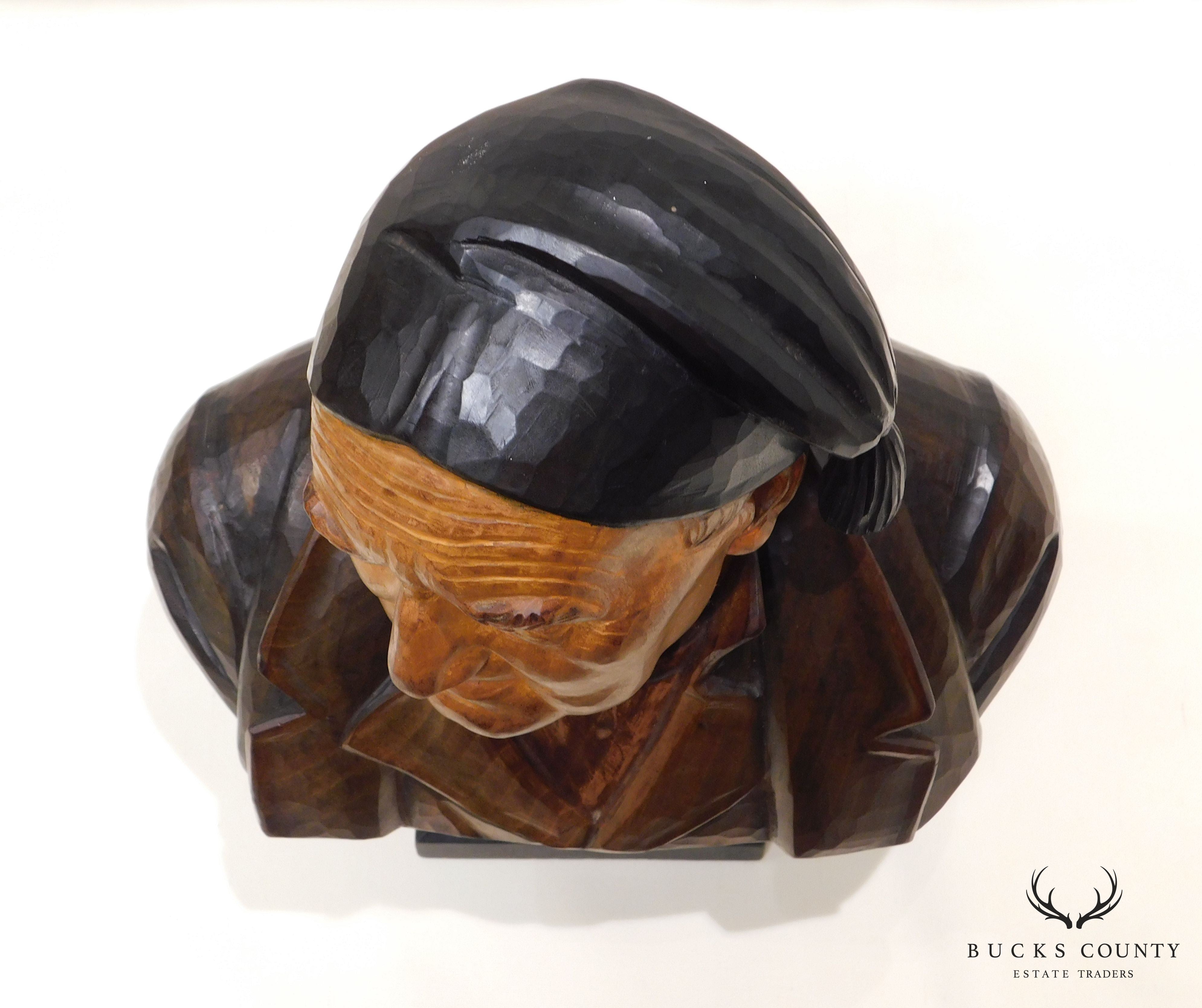 H. Huggler - Wyss Hand Carved Polychrome Wood Bust of Old Man