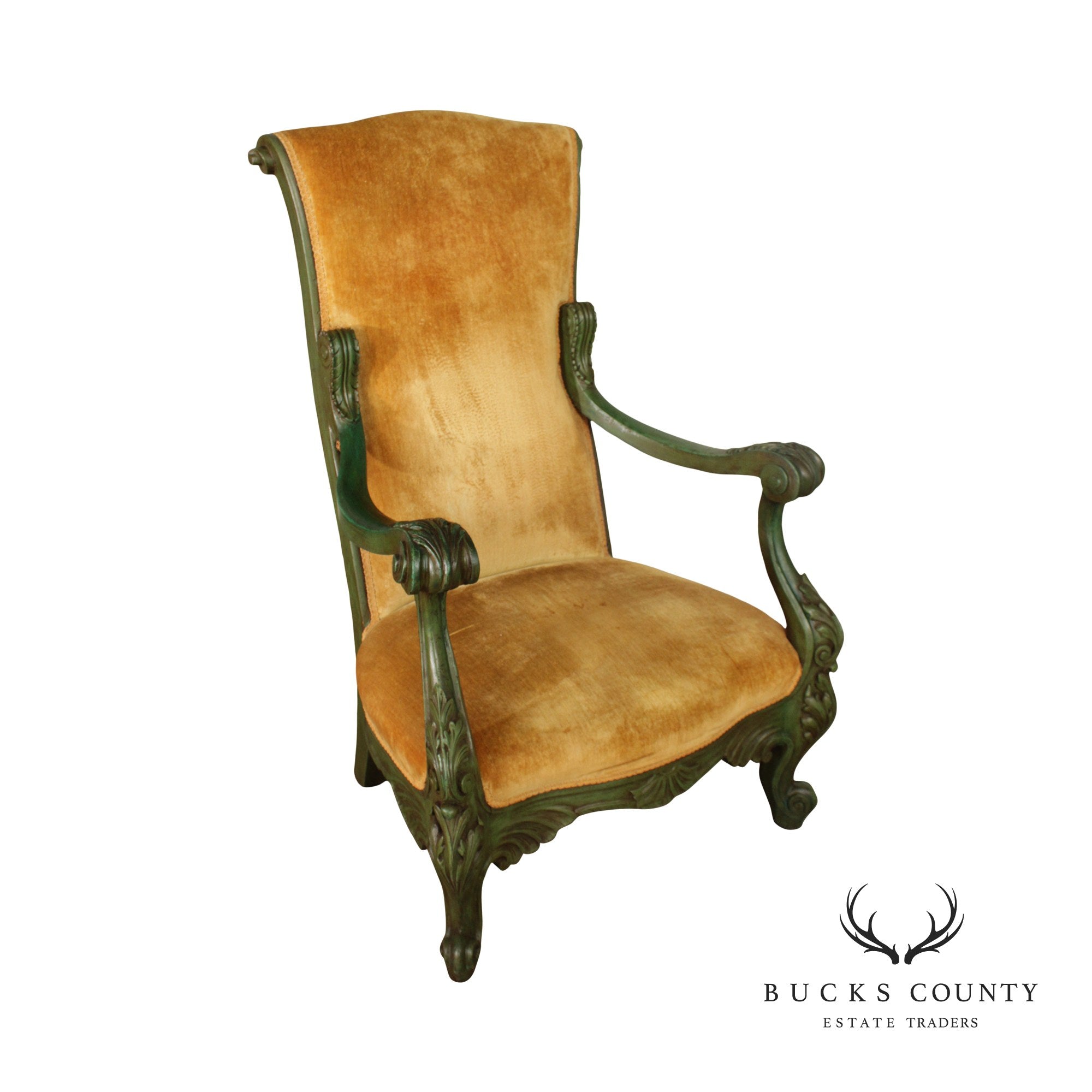 Antique Rococo Style Carved and Painted Highback Throne Armchair