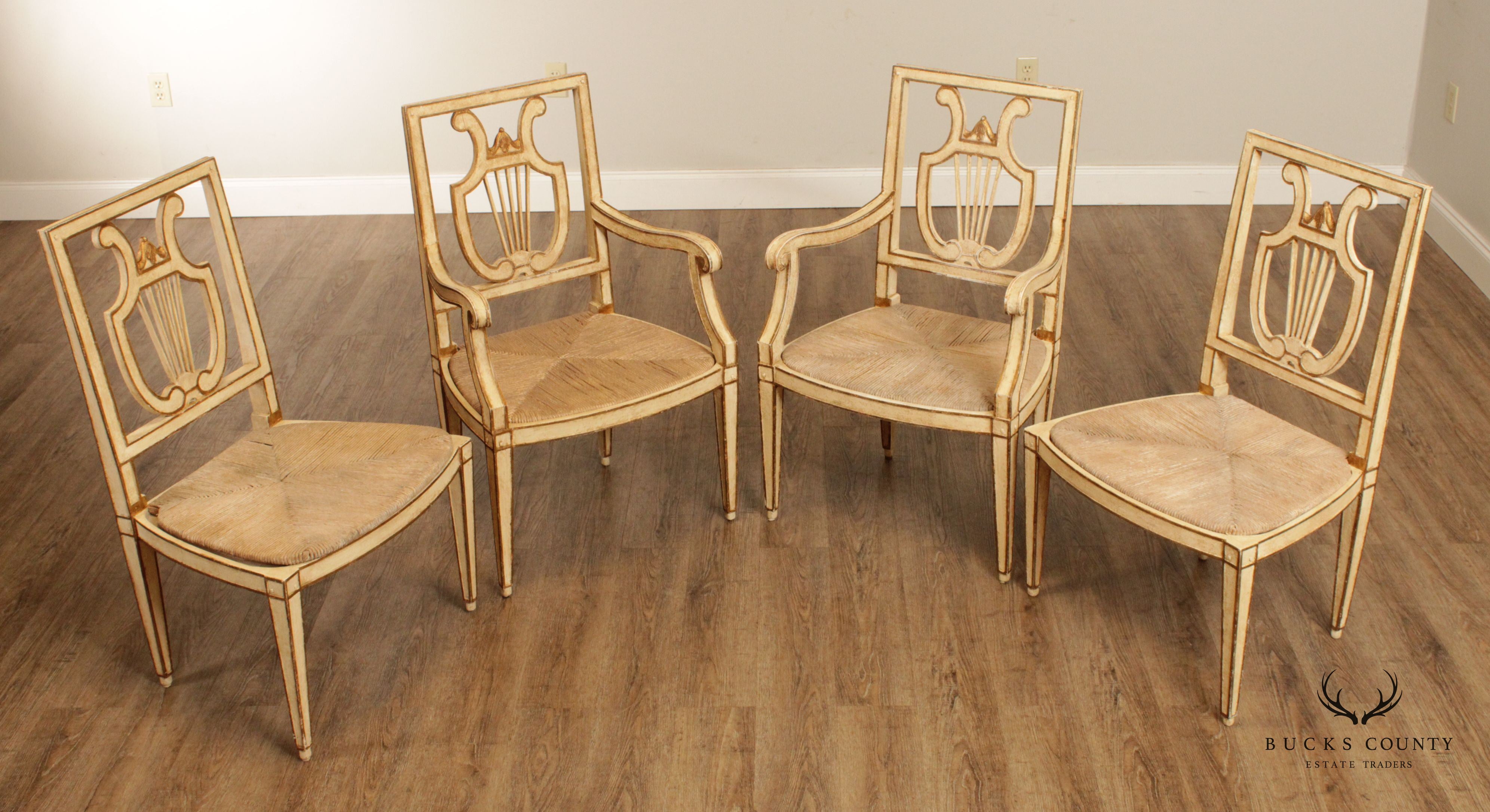 Niermann Weeks French Neo Classical Style Set of Four Painted Lyre Back Dining Chairs