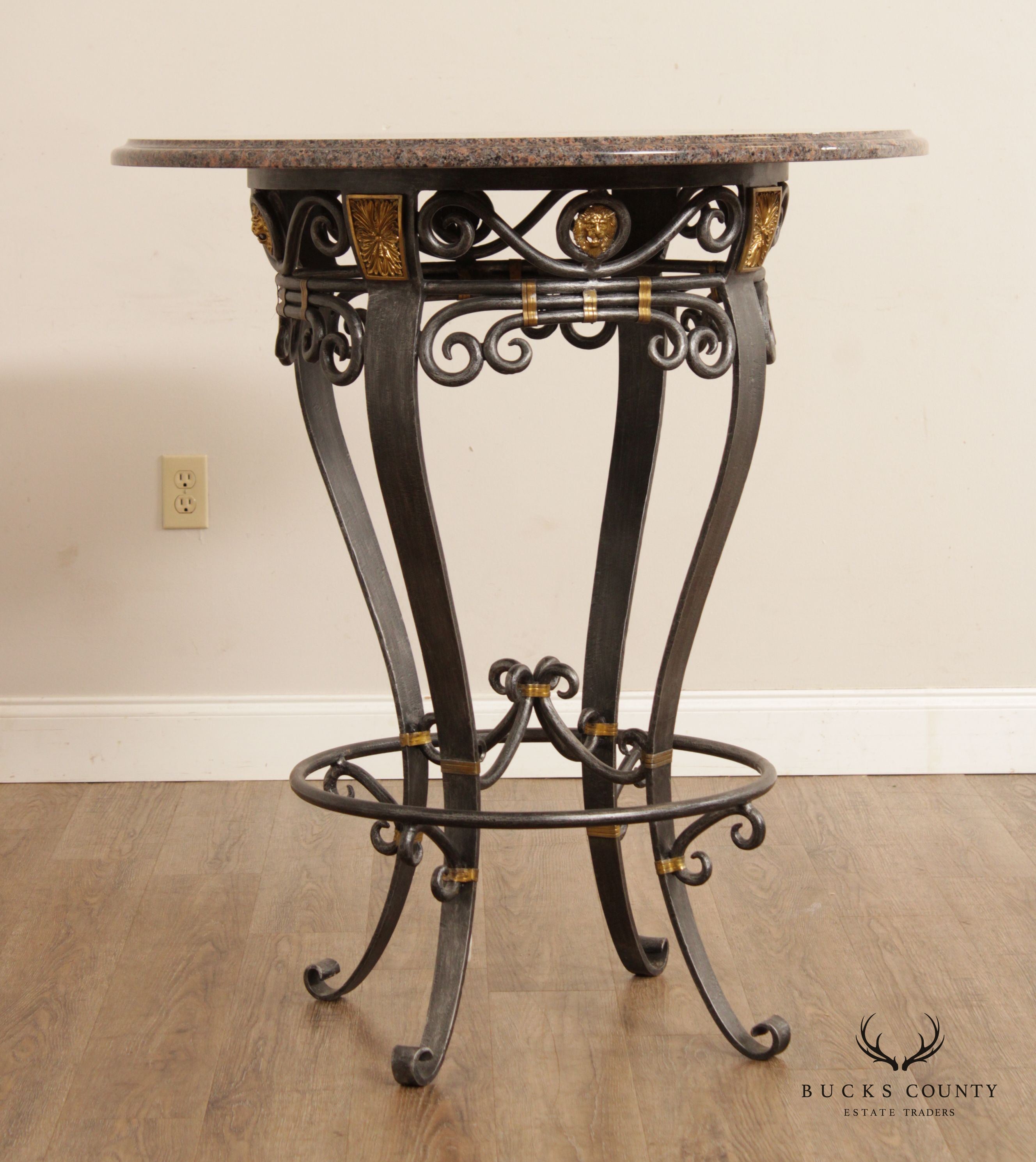 Labarge Neoclassical Style Wrought Iron Stone Top Round Pub Table